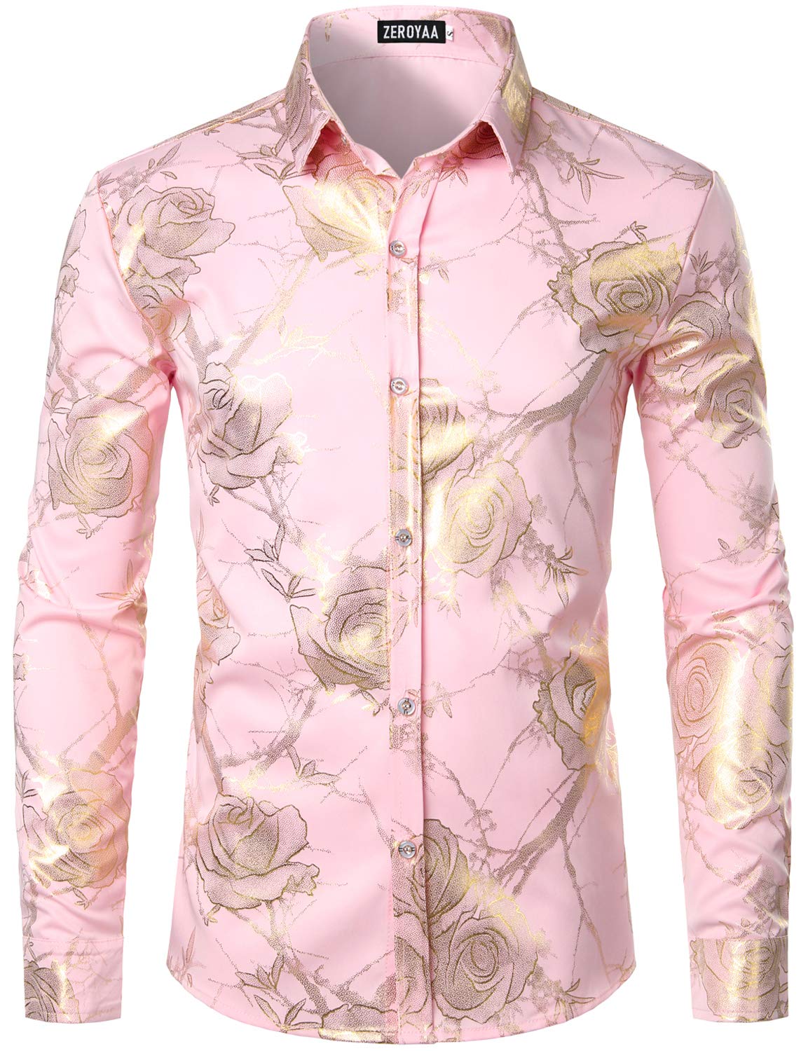 ZEROYAA Mens Hipster 3D Golden Rose Floral Printed Slim Fit Long Sleeve Button Down Dress Shirts