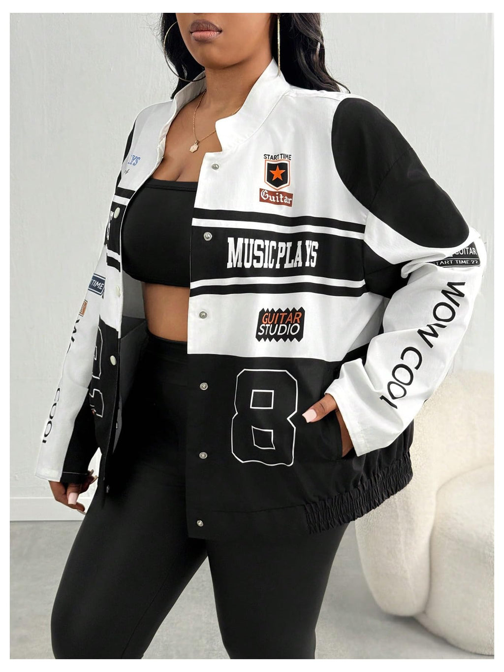 SweatyRocks Women's Plus Size Oversized Varsity Jackets Graphic Print Y2k Racing Bomber Jacket