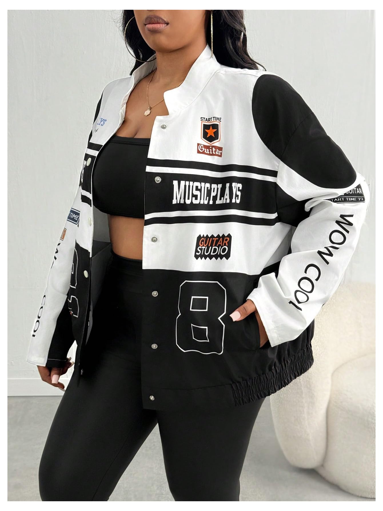 SweatyRocks Women's Plus Size Oversized Varsity Jackets Graphic Print Y2k Racing Bomber Jacket