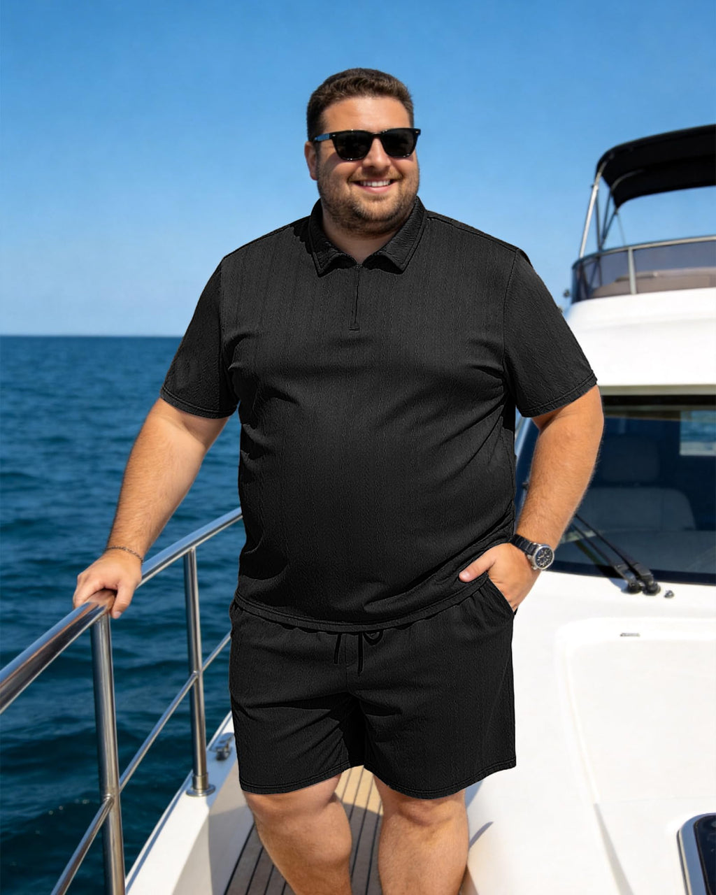 Sovneazy Big and Tall 2 Piece Outfits for Men Polo Shirt and Short Sets Quarter Zip Textured Summer Clothes, Black 2XL