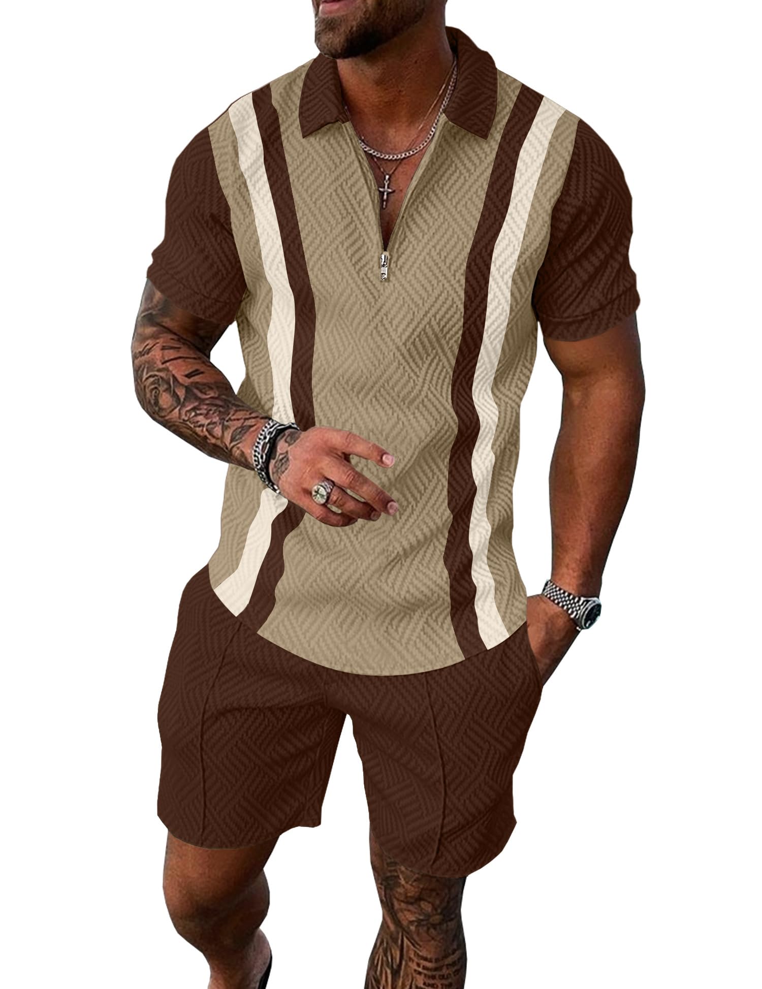 UOUA Mens Summer Track Suits 2 Piece Shorts Sets Short Sleeve Sweatsuit Outfits 1/4 Zip Golf Polo Splicing Striped Shirts