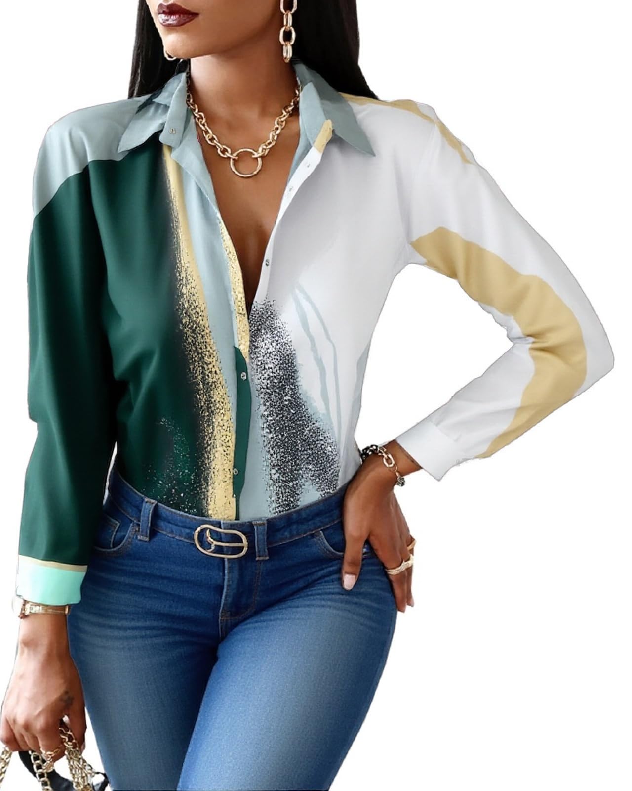 Blouses for Women Dressy Casual Colorful Long Sleeve Shirt Floral Print Tops Loose Collar Sexy T-Shirts Fashion 2023