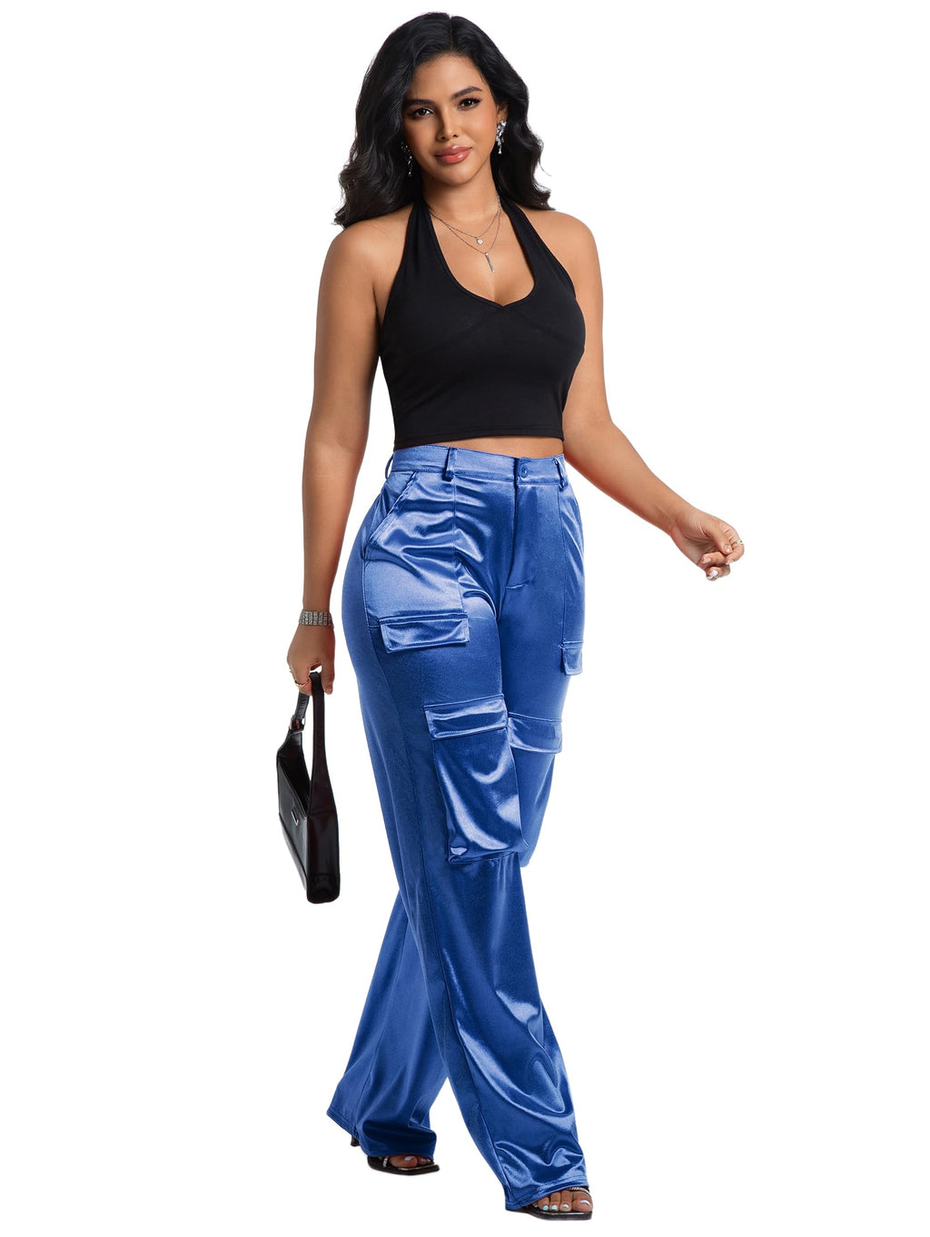 Aressdom Metallic Satin Cargo Pants for Women High Waisted Wide Leg Pants with Pockets, Dressy Going Out Concert Outfits