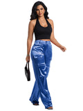 Aressdom Metallic Satin Cargo Pants for Women High Waisted Wide Leg Pants with Pockets, Dressy Going Out Concert Outfits