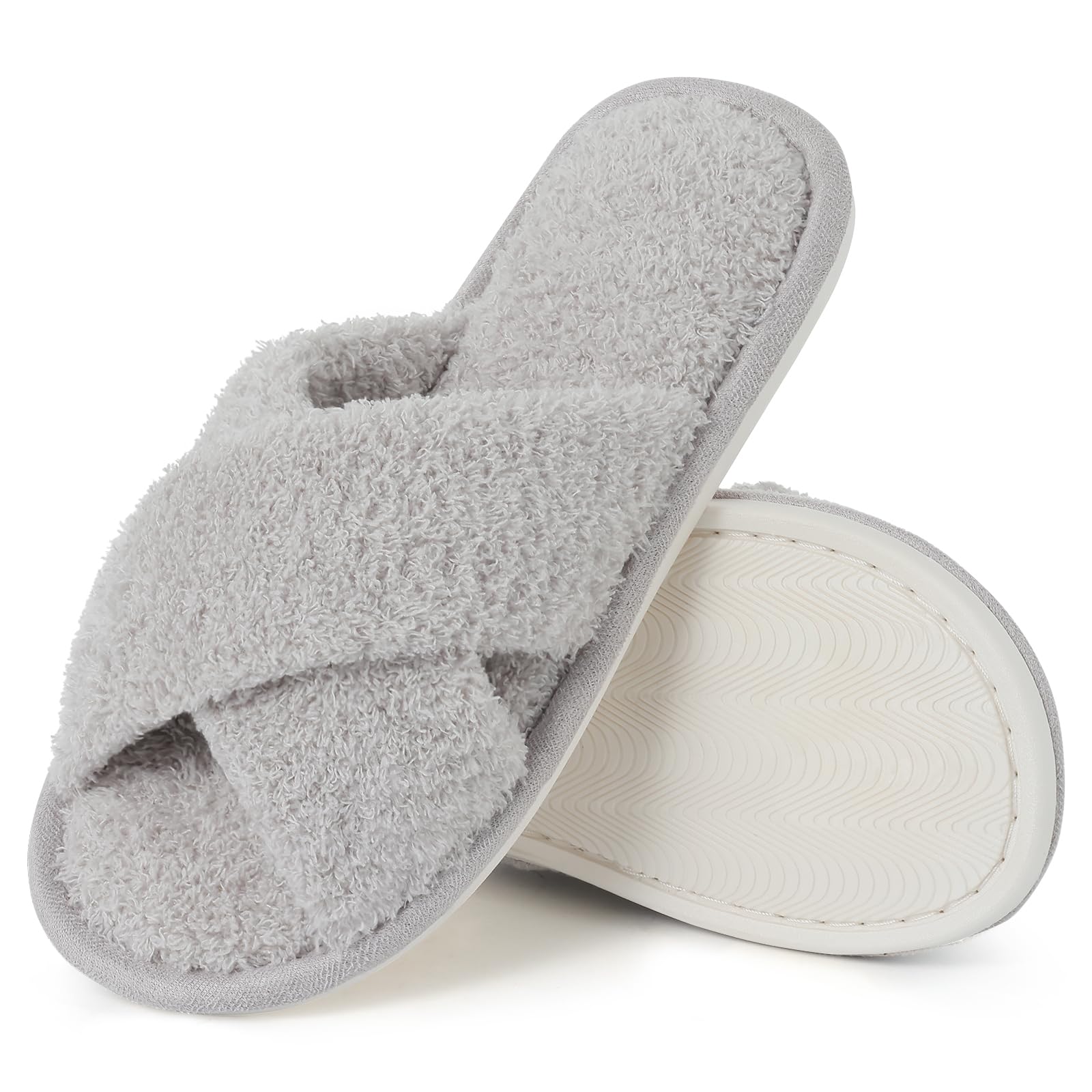 Evshine Women's Fuzzy Slippers Cross Band Memory Foam House Slippers Open Toe