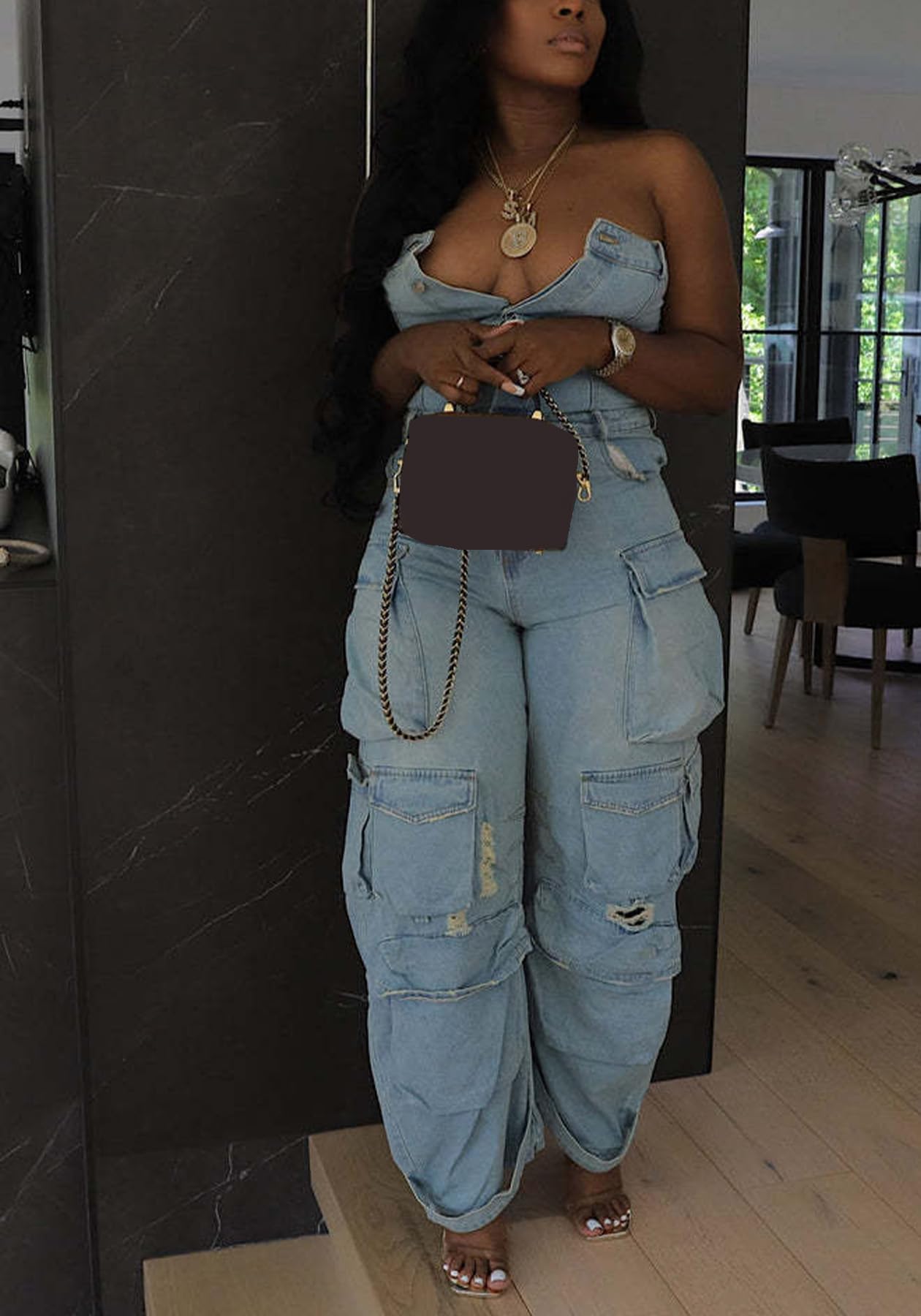 Voghtic Women's Strapless Denim Cargo Jumpsuit High Waisted Multiple Pocket Casual Outfit