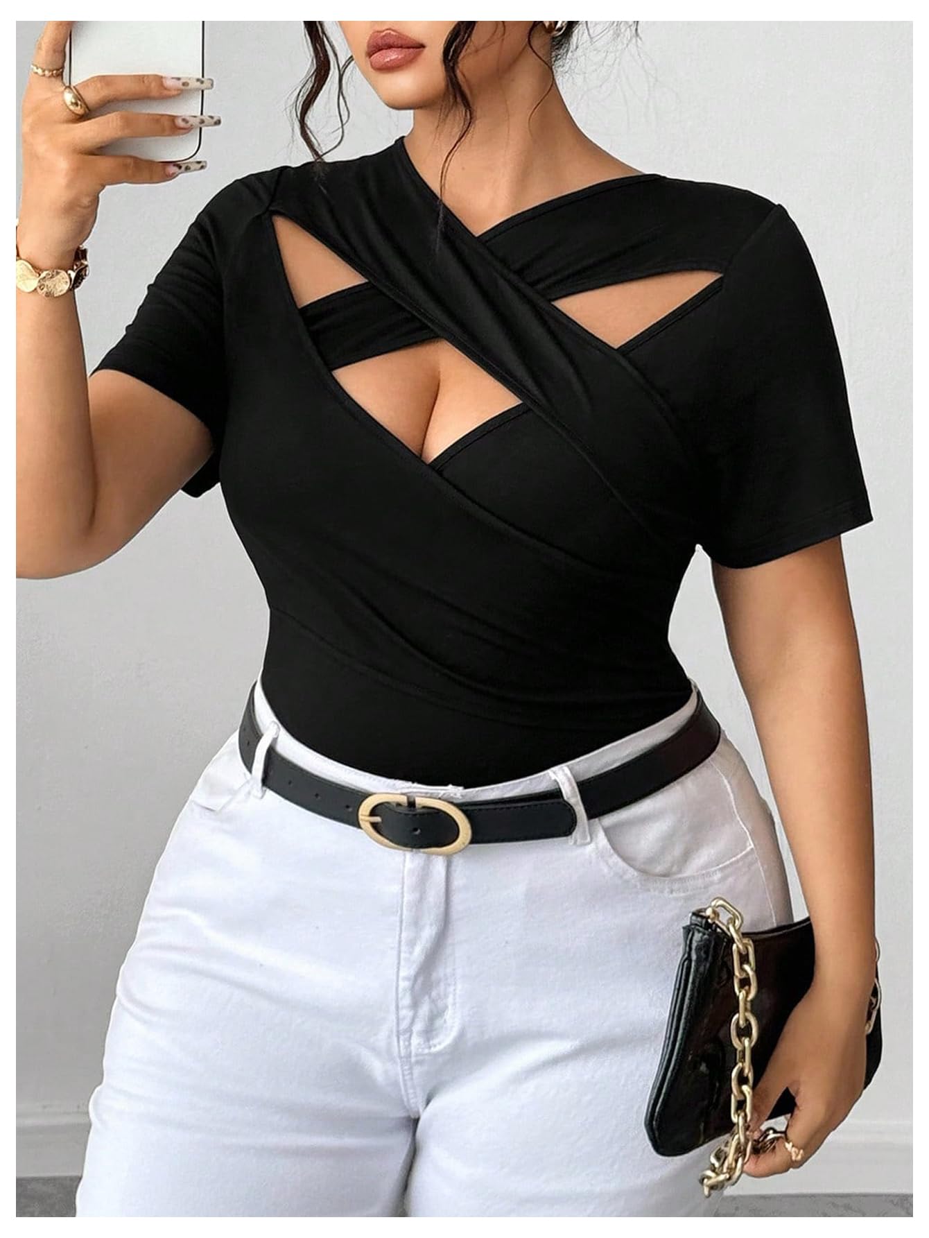 SweatyRocks Women's Plus Size Cut Out Fitted Wrap Tops Short Sleeve Criss Cross T Shirts