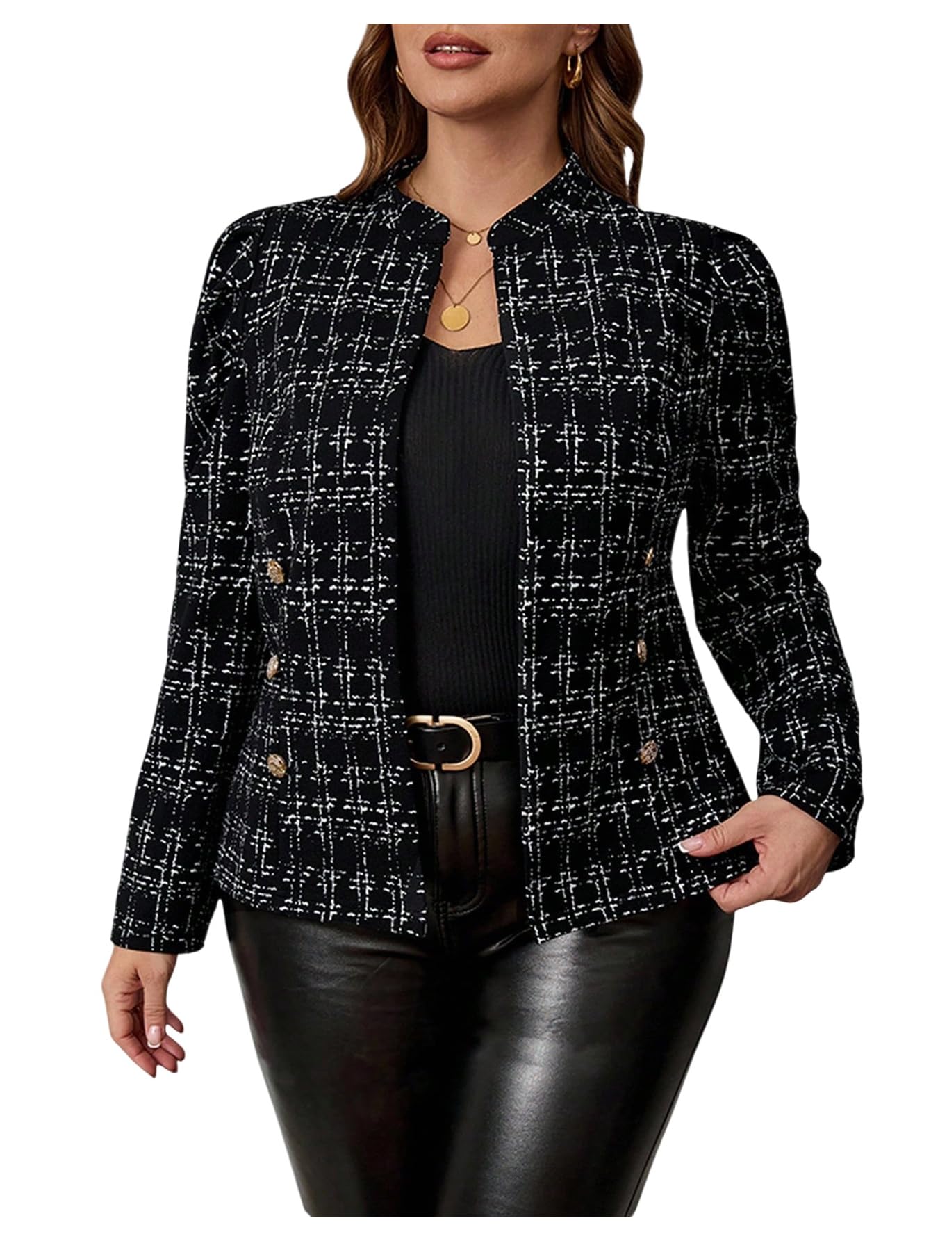 SweatyRocks Women's Plus Size Lightweight Jacket Open Front Long Sleeve Work Office Plaid Blazer