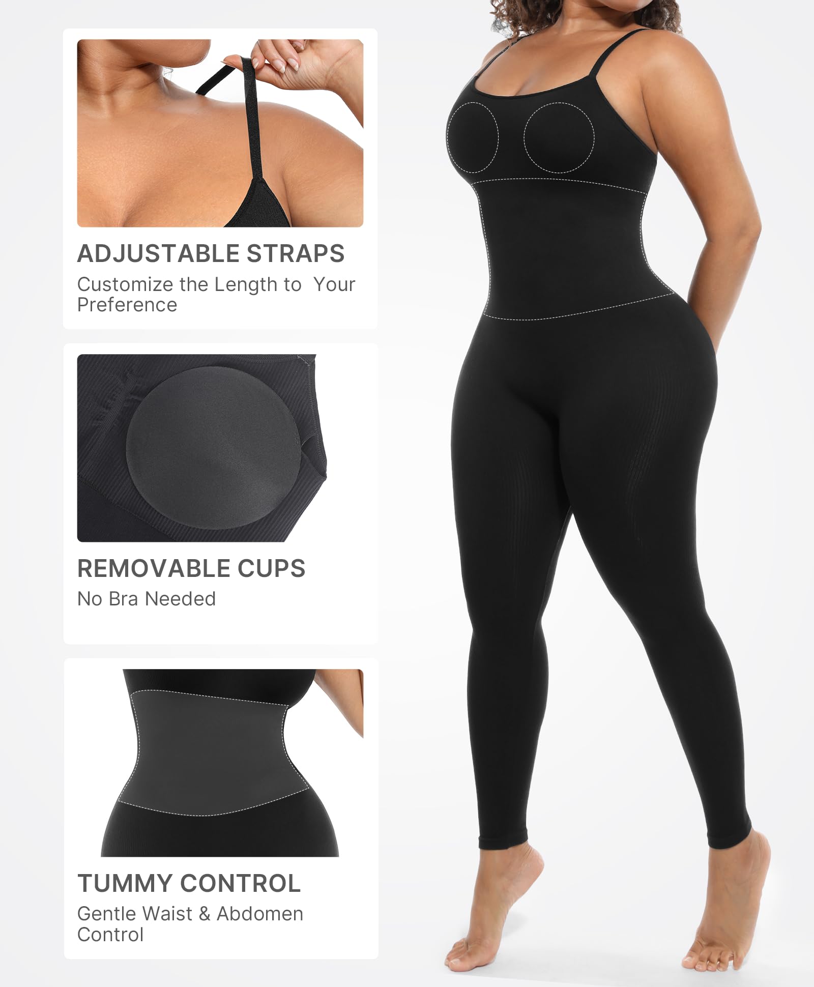 FeelinGirl Plus Size Tummy Control Jumpsuits for One Piece Ribbed Fabric With Stretch Women Workout Romper Seamless
