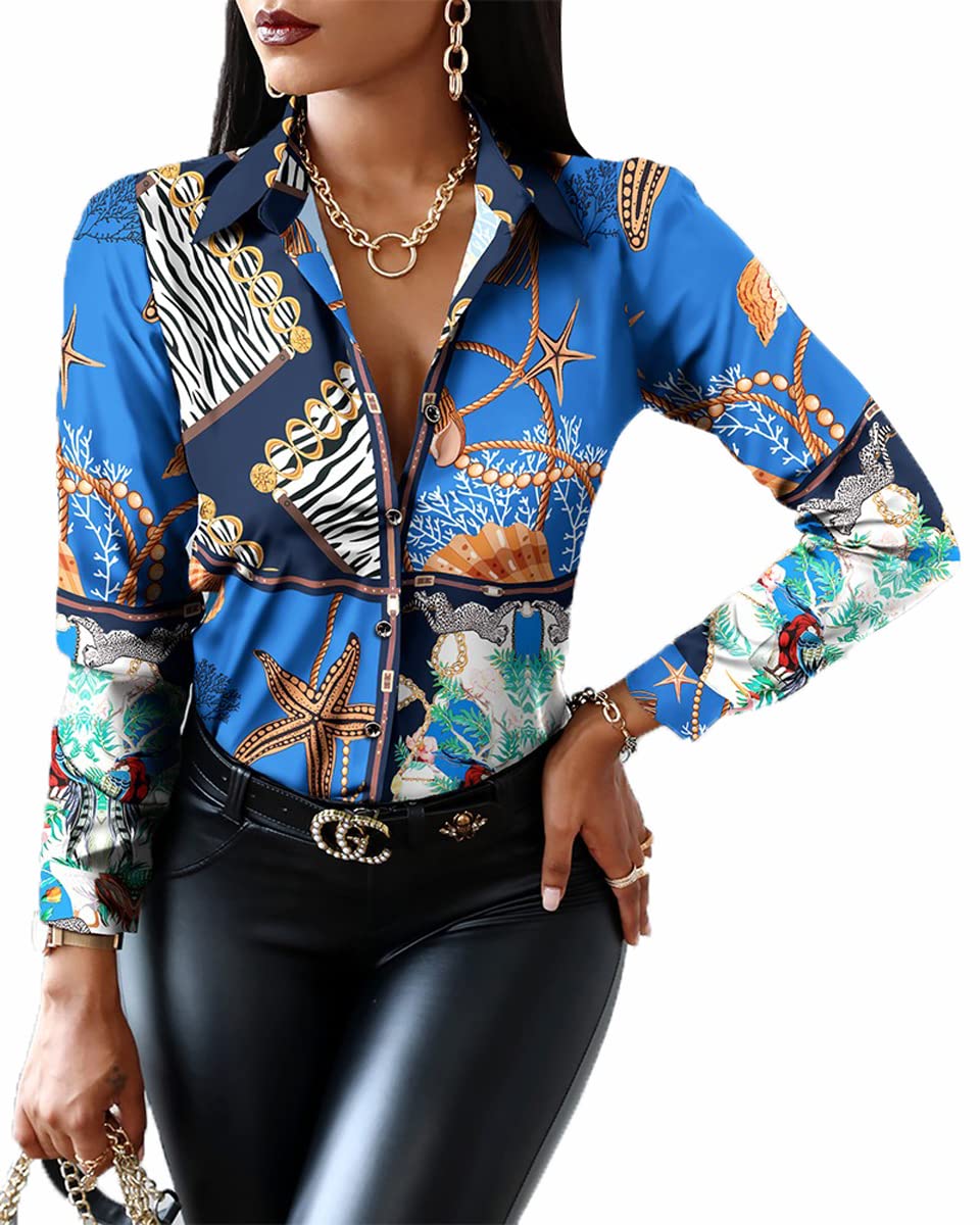Blouses for Women Dressy Casual Colorful Long Sleeve Shirt Floral Print Tops Loose Collar Sexy T-Shirts Fashion 2023