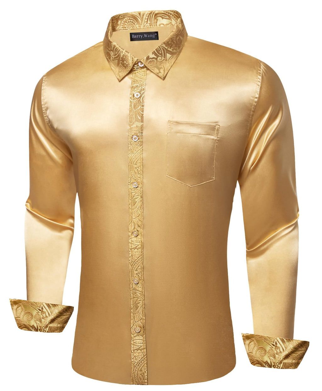 Barry.Wang Mens Satin Silk Shirts Long Sleeve Designer Dress Shirt Shiny Untucked Casual Button Down Shirt Party Disco Formal
