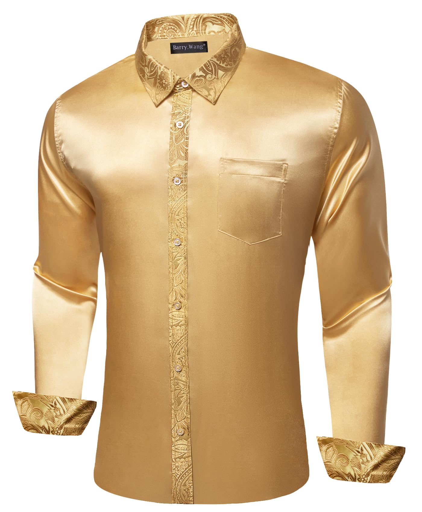 Barry.Wang Mens Satin Silk Shirts Long Sleeve Designer Dress Shirt Shiny Untucked Casual Button Down Shirt Party Disco Formal