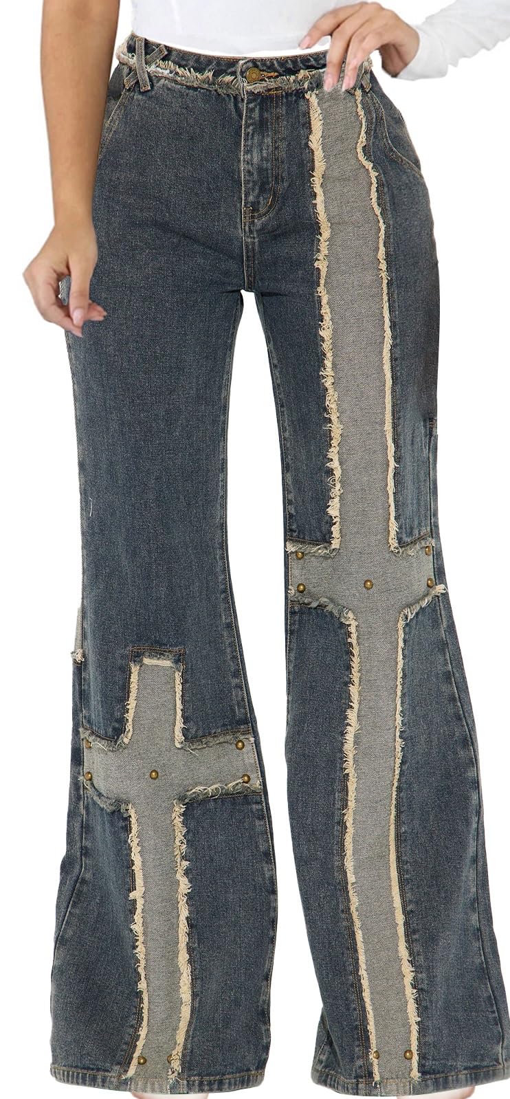 CuteCherry Women Baggy Ripped Jeans Destroyed Wide Leg Retro Denim Pants