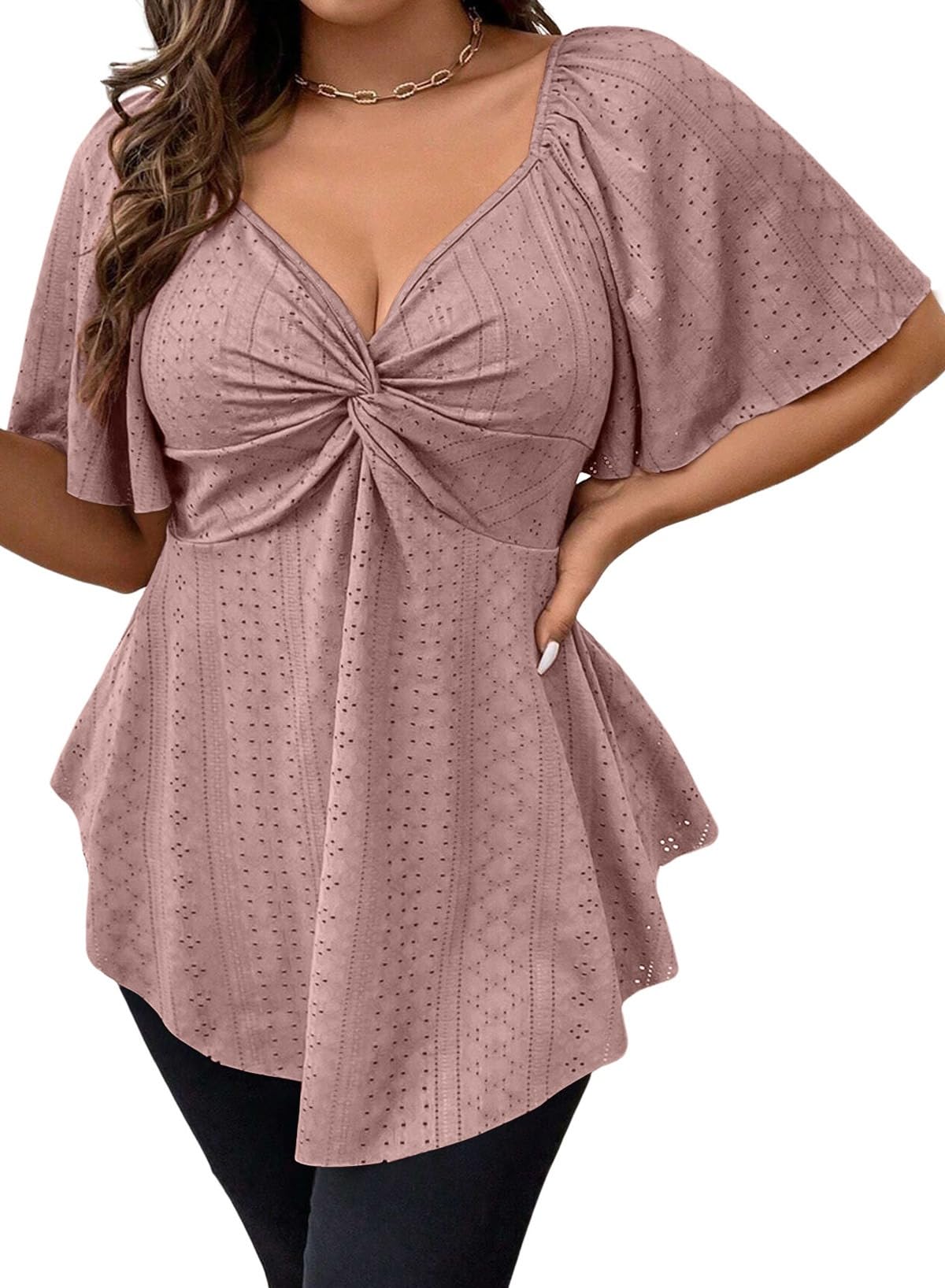 Eytino Womens Plus Size Tops Twist Front V Neck Short Sleeve Eyelet Embroidery Summer Loose Blouse Shirts(1X-5X)