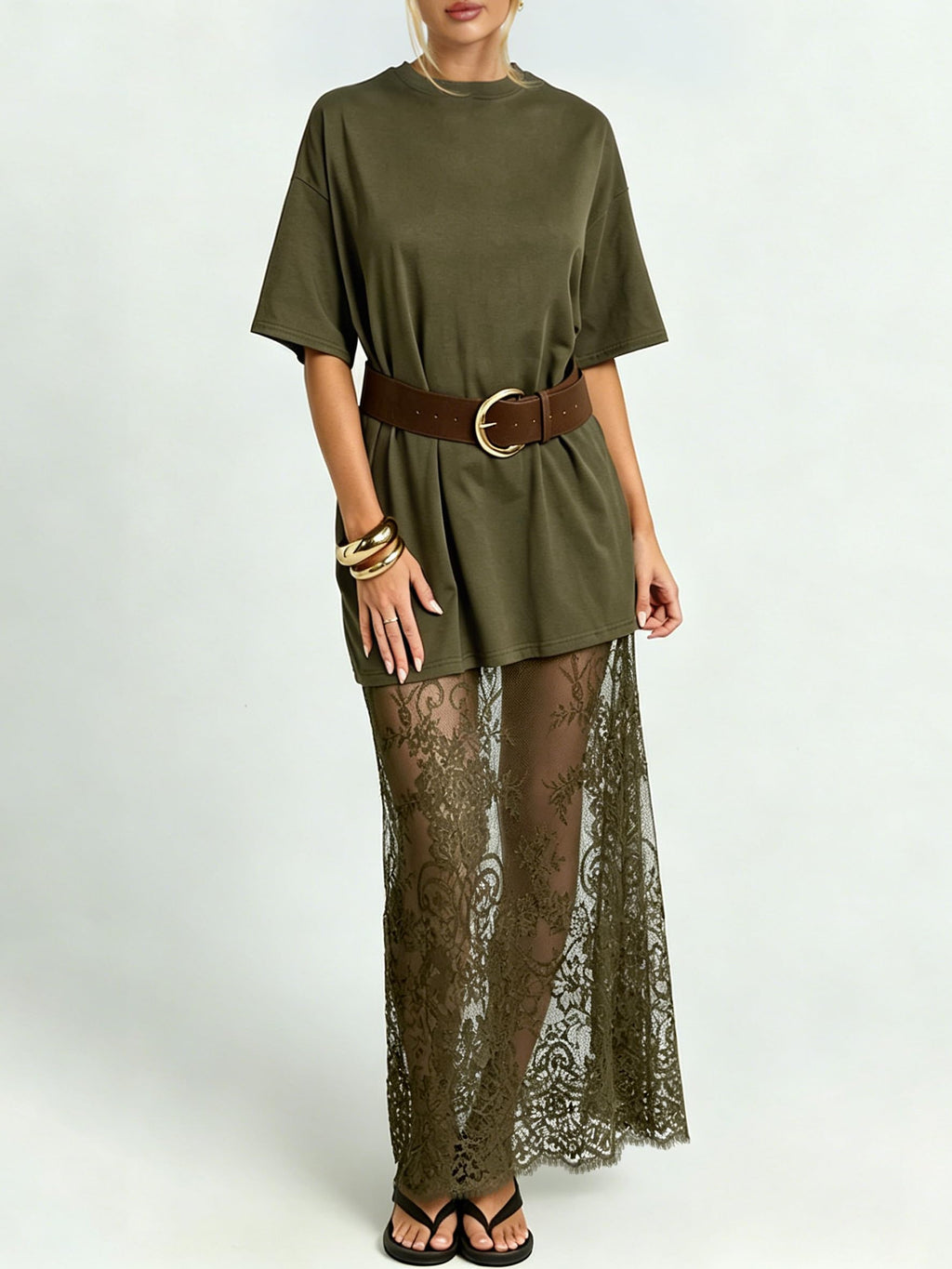 miduo Womens Summer Short Sleeve Crewneck Lace Patchwork Maxi Dress Casual Long Dresses