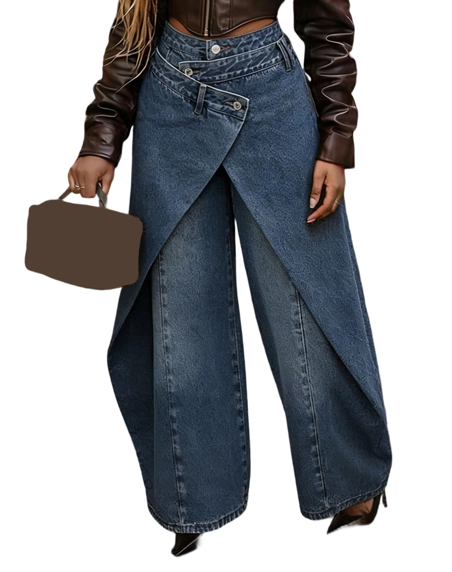 Luotasia Women’s Asymmetrical Wide Leg Pants Trendy Irregular Patchwork Plus Size Trousers Streetwear