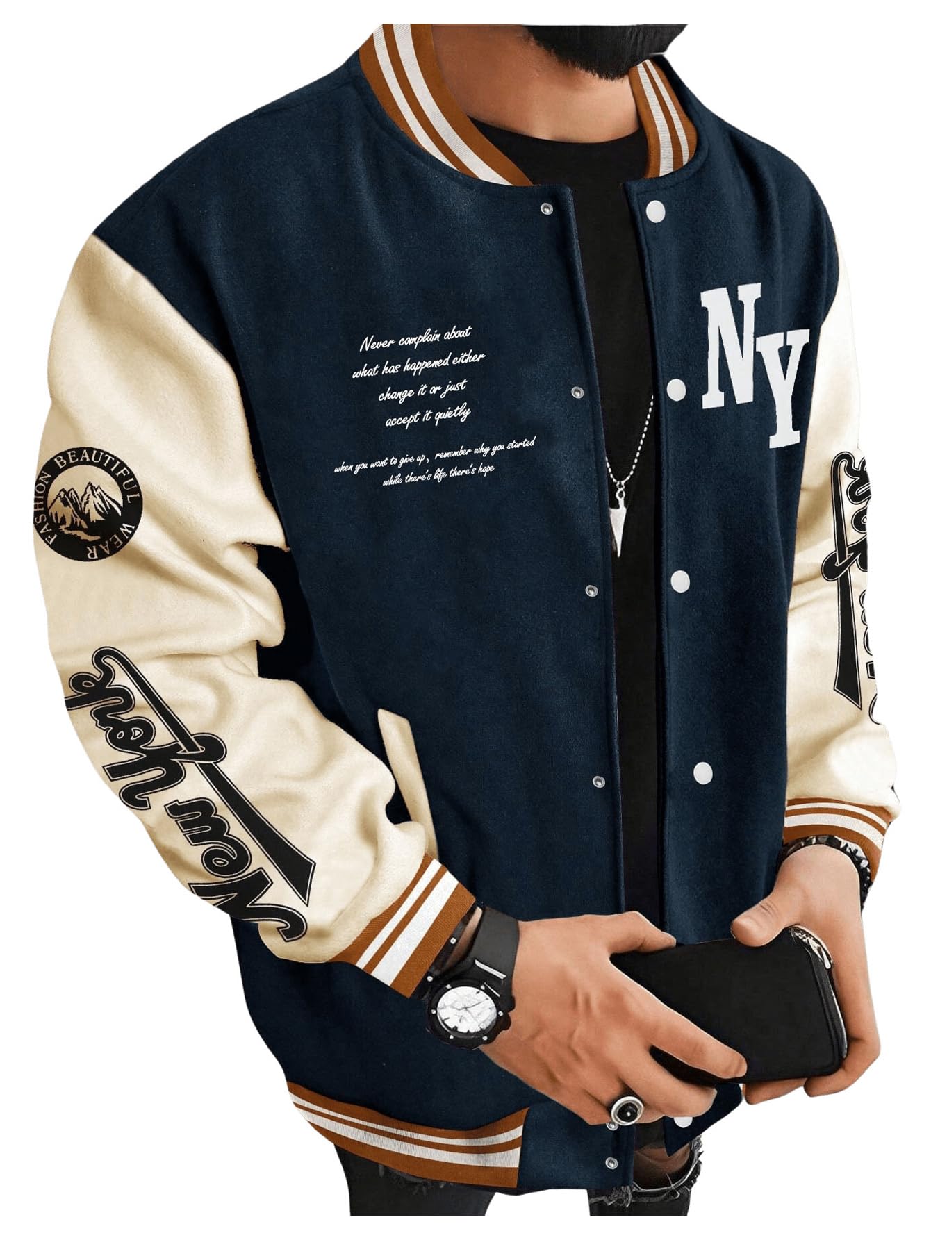 SOLY HUX Men's Varsity Jacket Color Block Letter Graphic Long Sleeve Baseball Jacket Bomber Coat