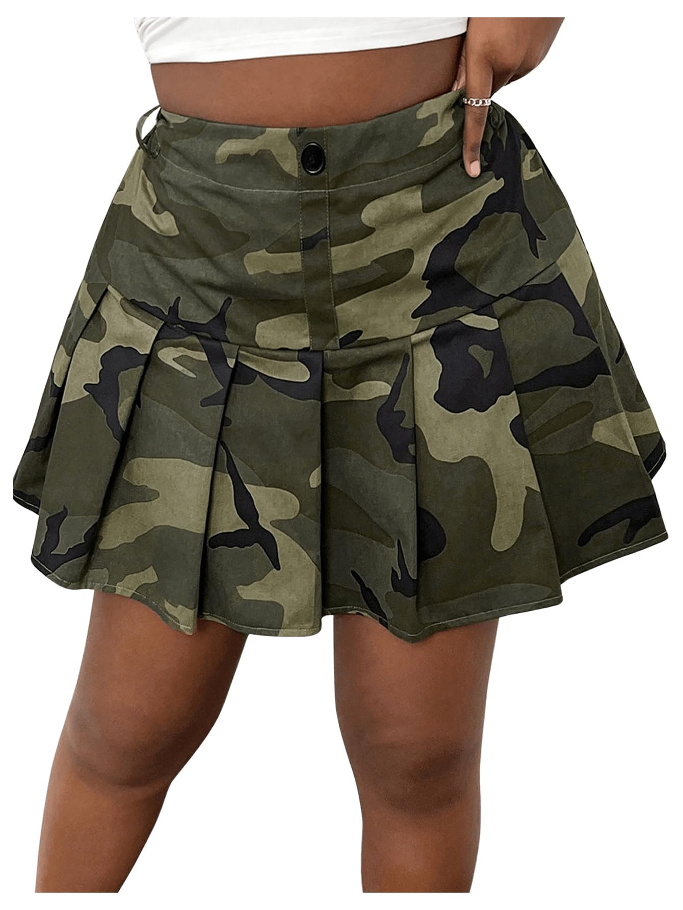 SOLY HUX Women's Plus Size Skirt Camo Print High Waisted Pleated A Line Fall Fashion Short Skirts