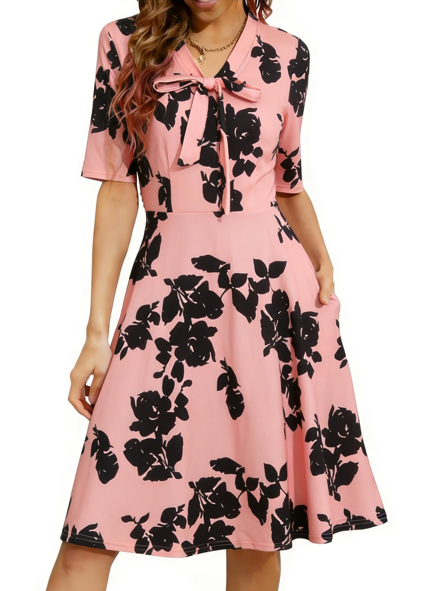 oxiuly Women's Vintage Bow Tie V-Neck Pockets Casual Work Party Cocktail Swing A-line Dresses OX278