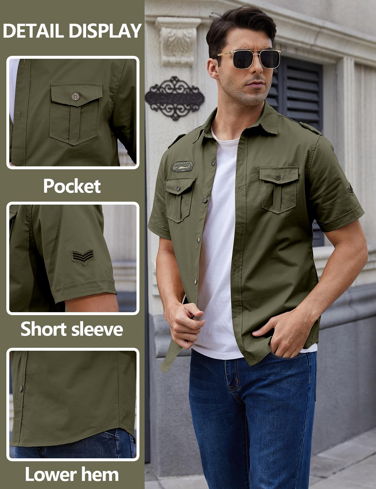 Gihuo Men's Military Tactical Shirt Short Sleeve Cargo Work Outdoor Hiking Camping Hunting Fishing