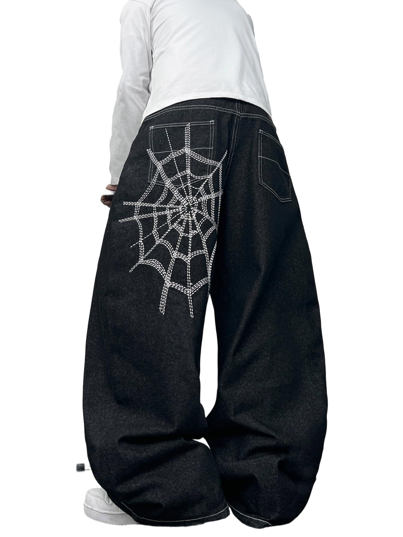 DFGIGT Men's Hip-hop Embroidered Baggy Jeans Loose Fit Denim Black Trousers