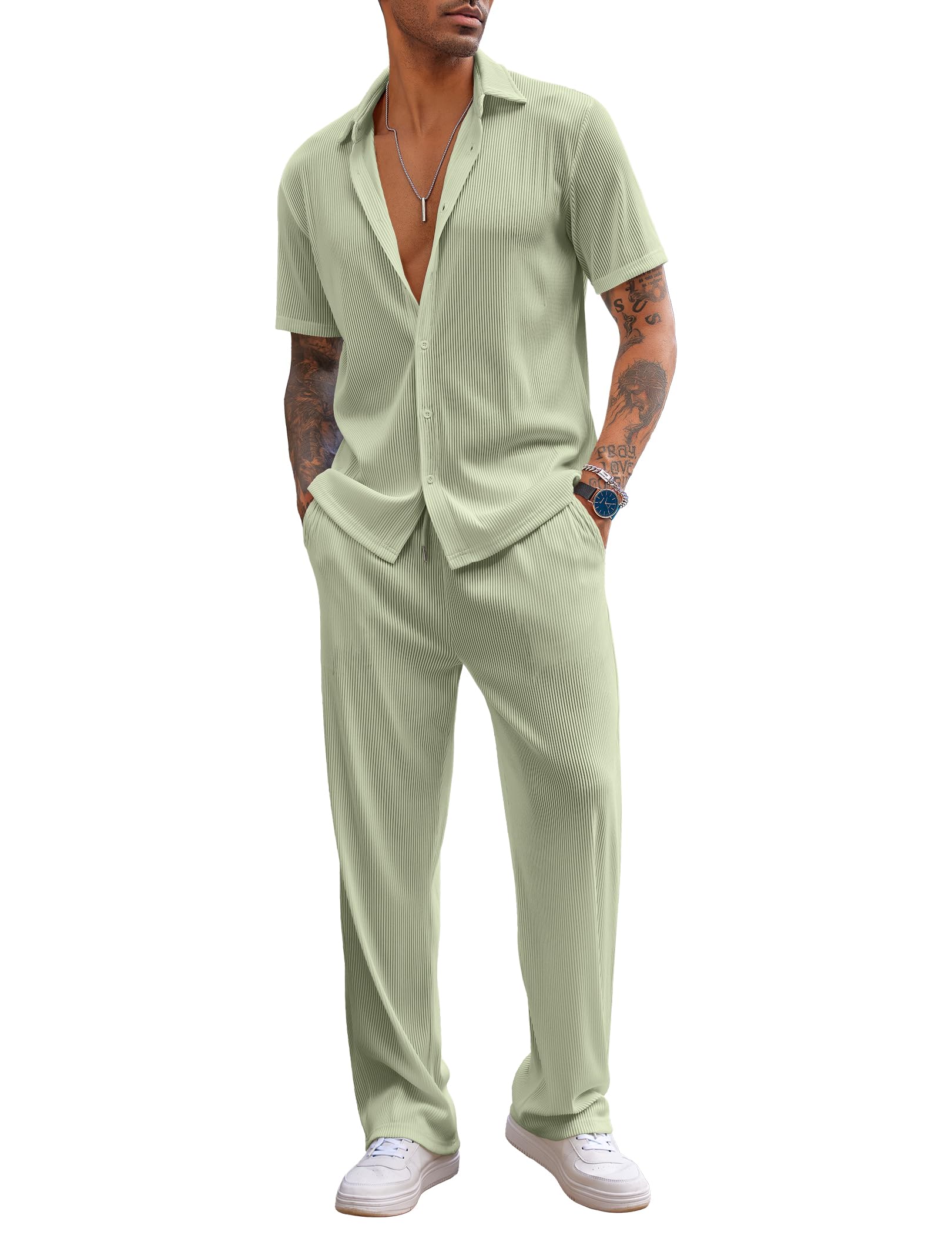 COOFANDY Men's 2 Piece Outfit Casual Short Sleeve Button Down Shirt Beach Summer Loose Pant Sets