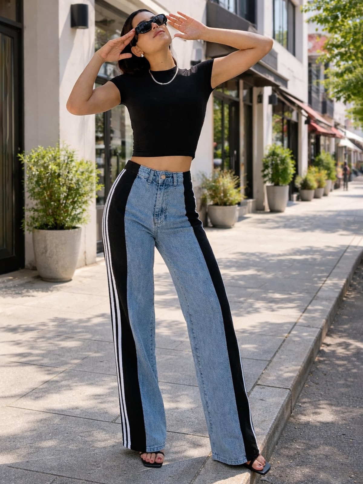 Angsuttc Womens Jeans with Patchwork Stripes High Waisted Stretchy Denim Color Block Straight Wide Leg Trendy Jean