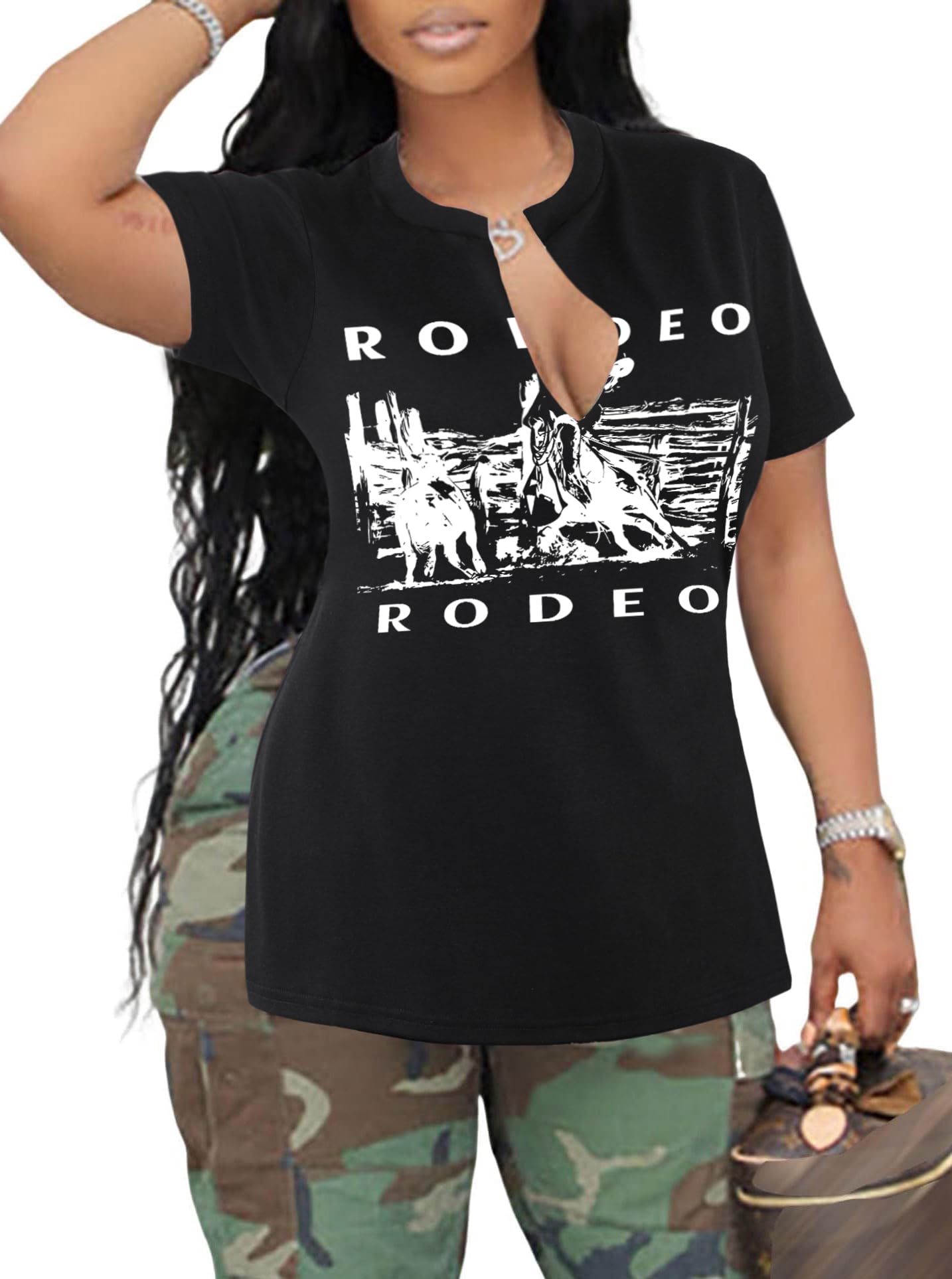 LovelyWholesale Womens Graphic Tees Sexy V Neck T Shirts Short Sleeve Side Slit Summer Tops