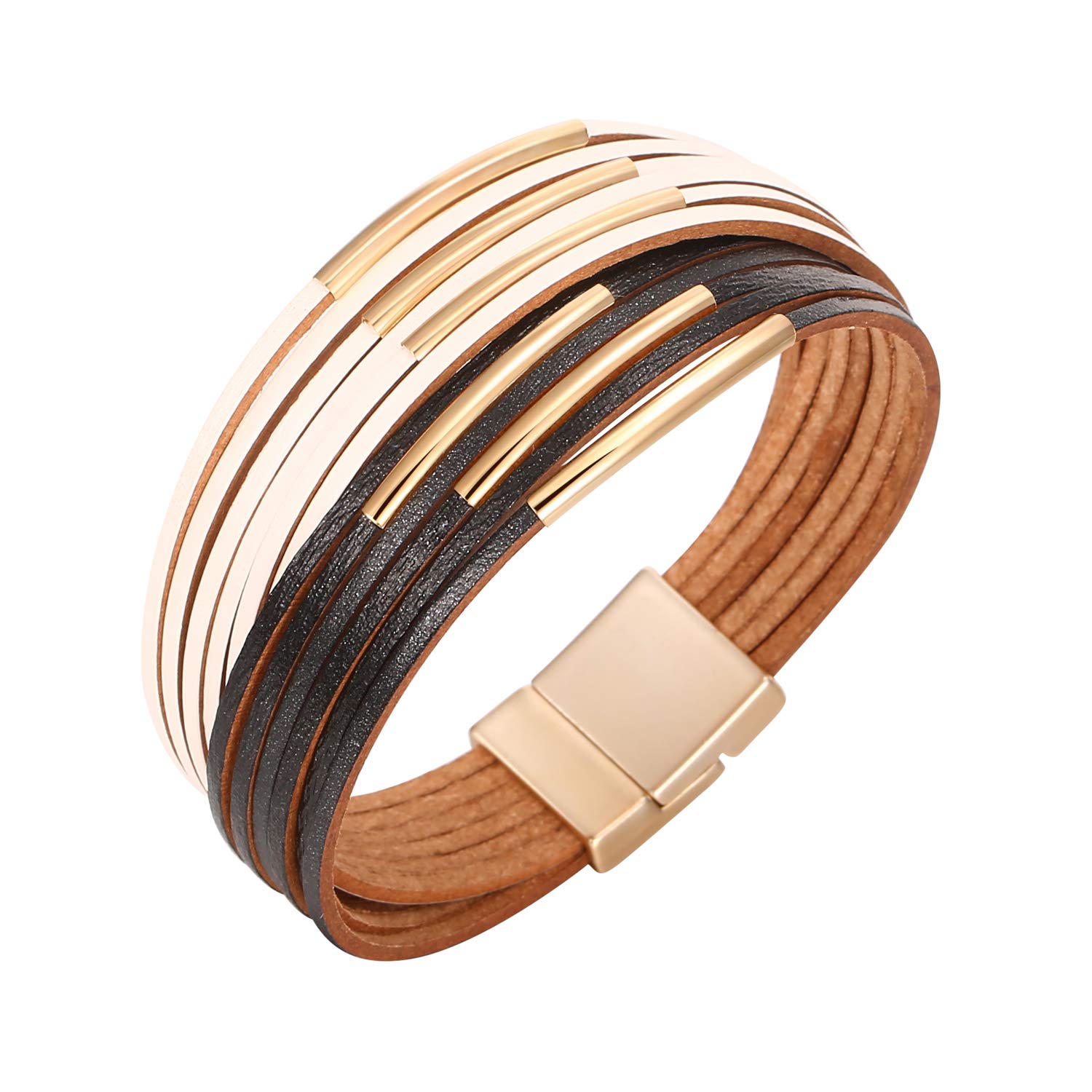 Fesciory Leather Wrap Bracelets for Women, Boho Leopard Multi-Layer Crystal Beads Cuff Bracelet Jewelry