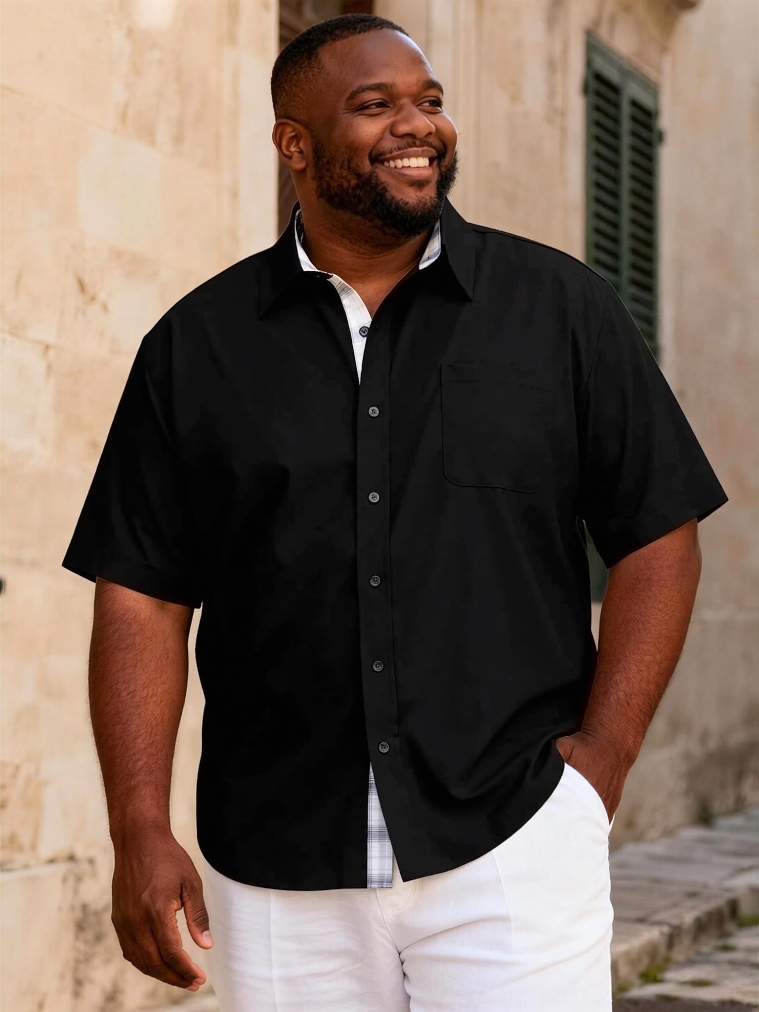 Big and Tall Dress Shirts for Men Short Sleeve Button Down Shirt with Contrast Plaid Office & Wedding Shirt