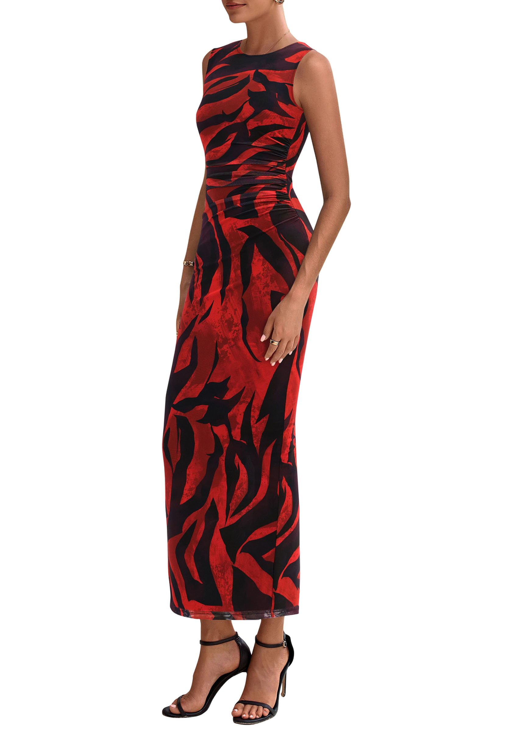 PRETTYGARDEN Womens Summer Wedding Guest Dress 2026 Spring Mesh Sleeveless Bodycon Ruched Floral Holiday Maxi Long Dresses