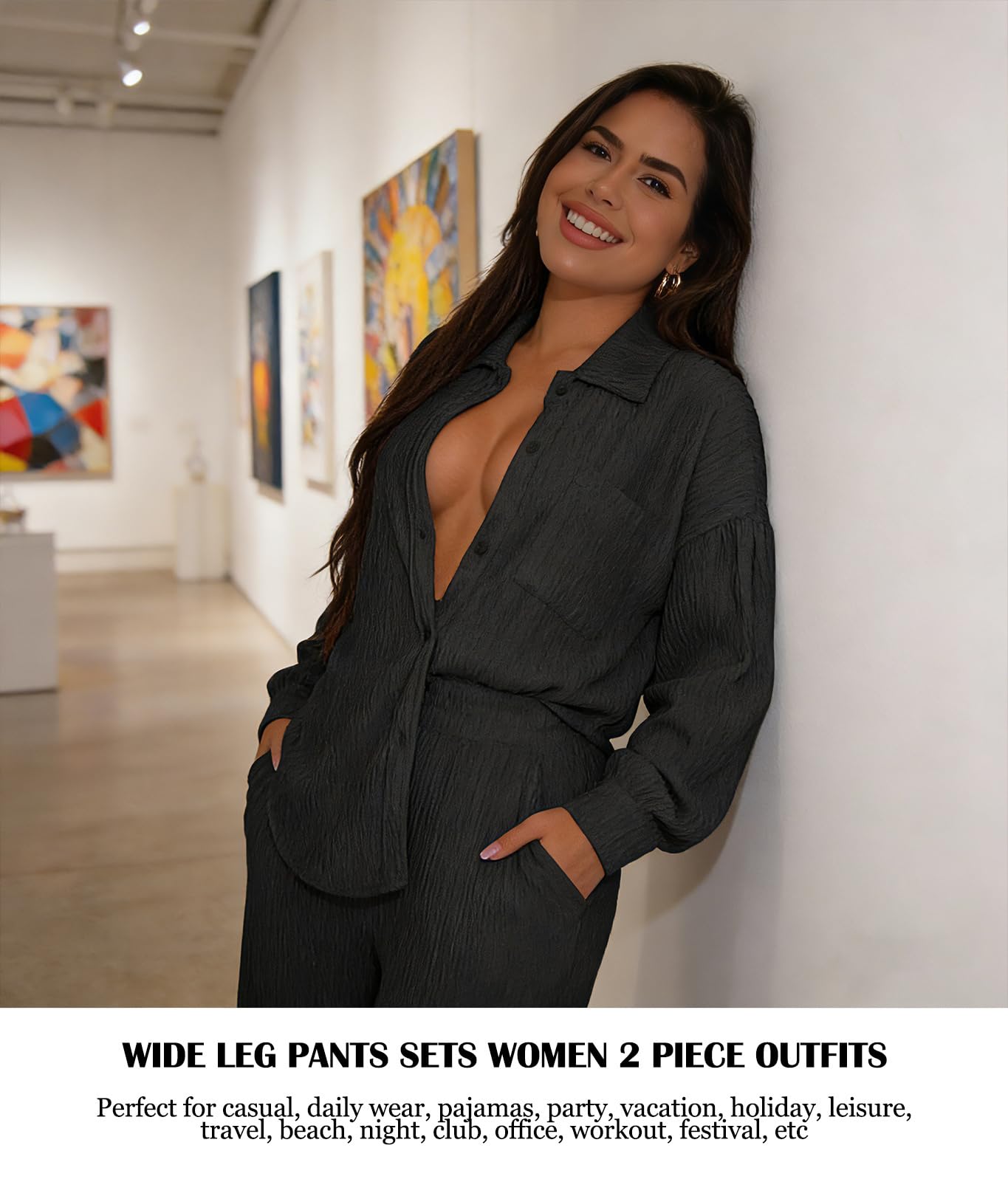 Ophestin Women 2 Piece Dressy Outfits Casual Pleated Long Sleeve Button Down Shirt Wide Leg Pants Loungewear Matching Sets
