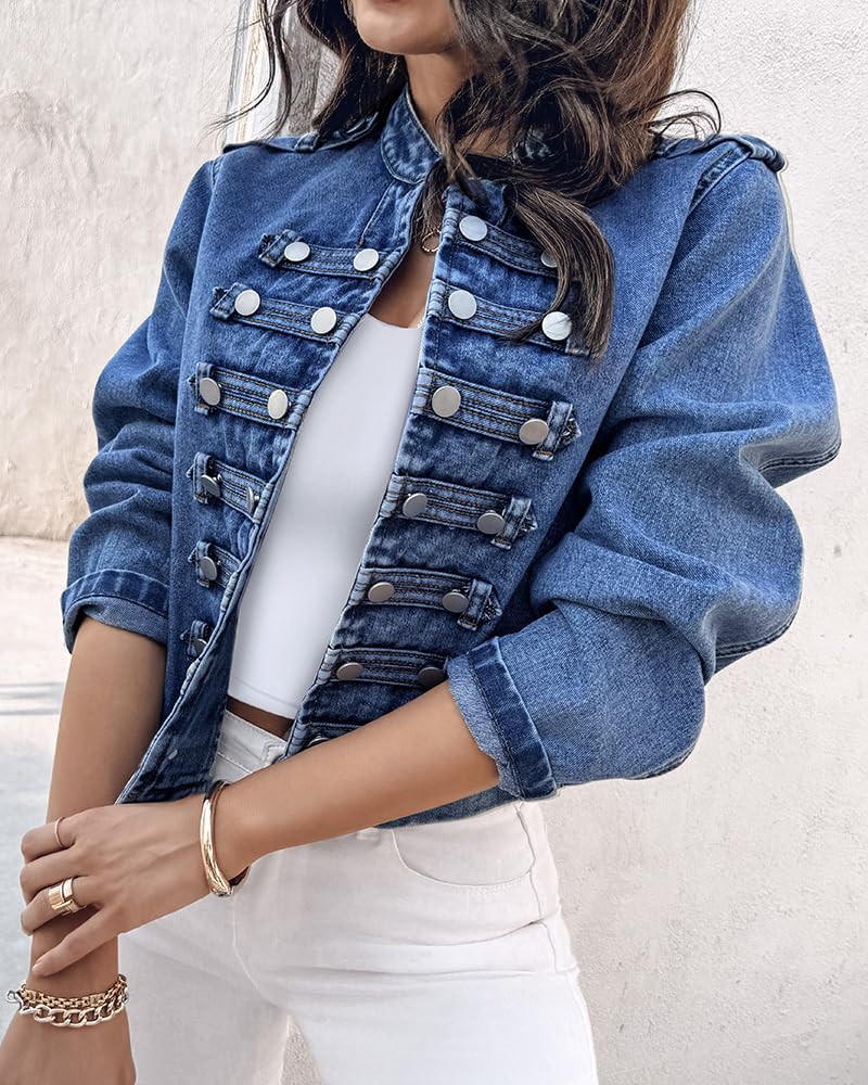 CHICME Denim Jacket for Women Button Up Stand Collar Jeans Jacket Casual Long Sleeve Lightweight Fall Coat