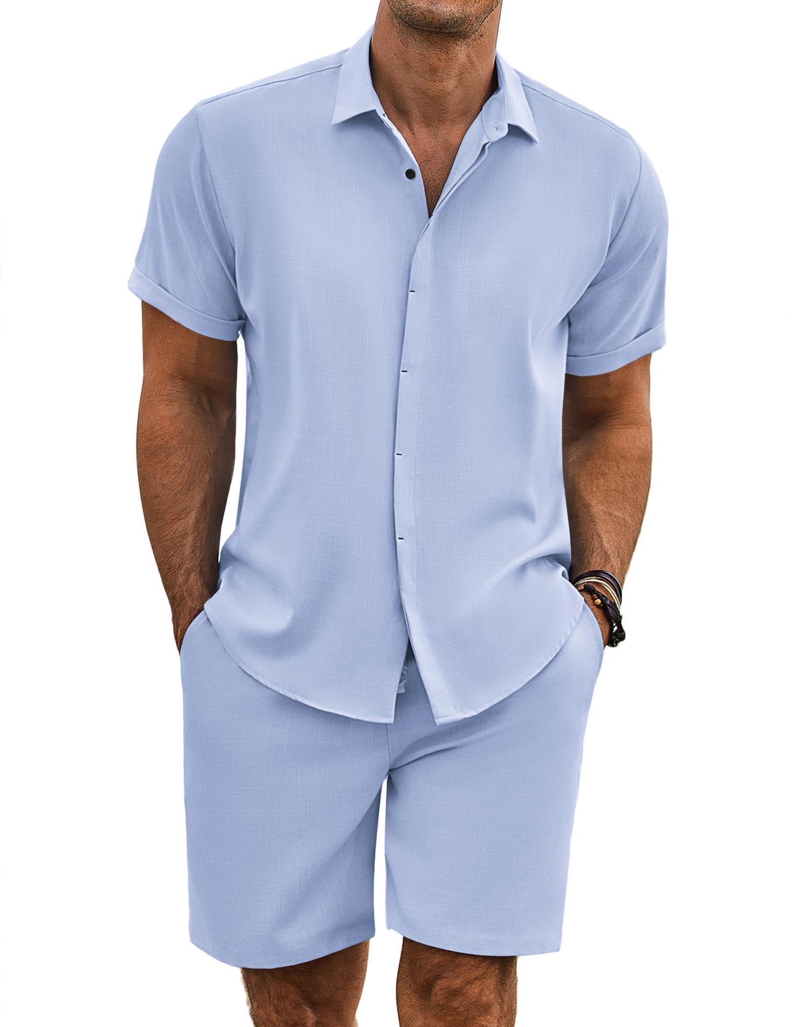 COOFANDY Men's Summer Beach Outfits 2 Piece Short Sleeve Shirts and Shorts Vacation Texture Linen Sets for Men