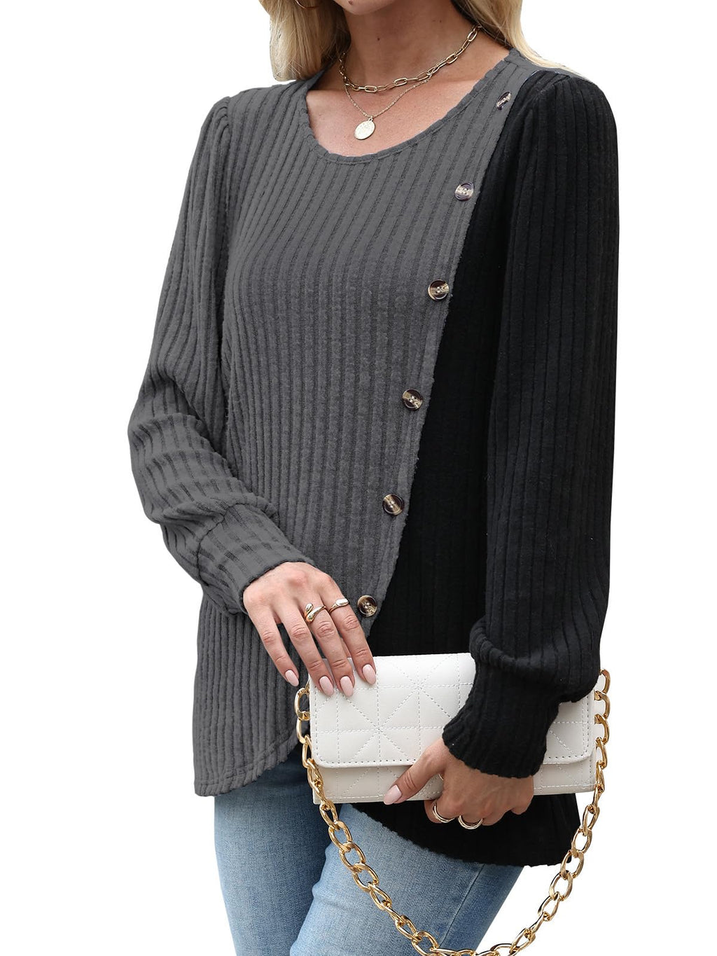 MixShe Womens Knit Sweaters 2026 Fall Winter Casual Long Sleeve Ribbed Colorblock Button Pullover Tops
