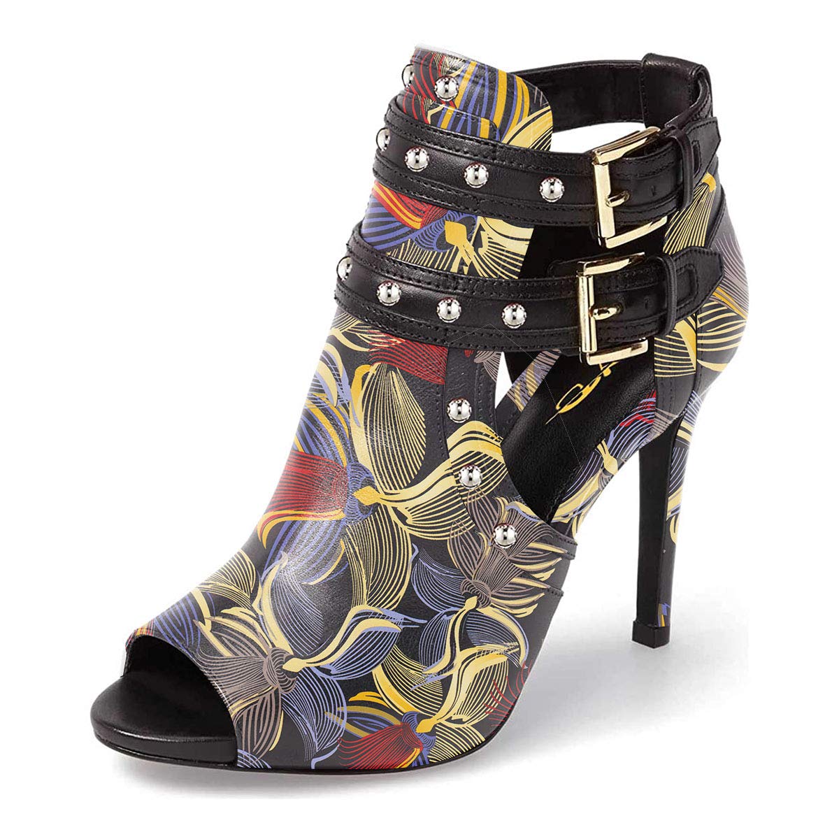 XYD Women Chic Studs Peep Toe Ankle Bootie High Heel Pumps Buckled Double Straps Cutout Fashion Party Shoes