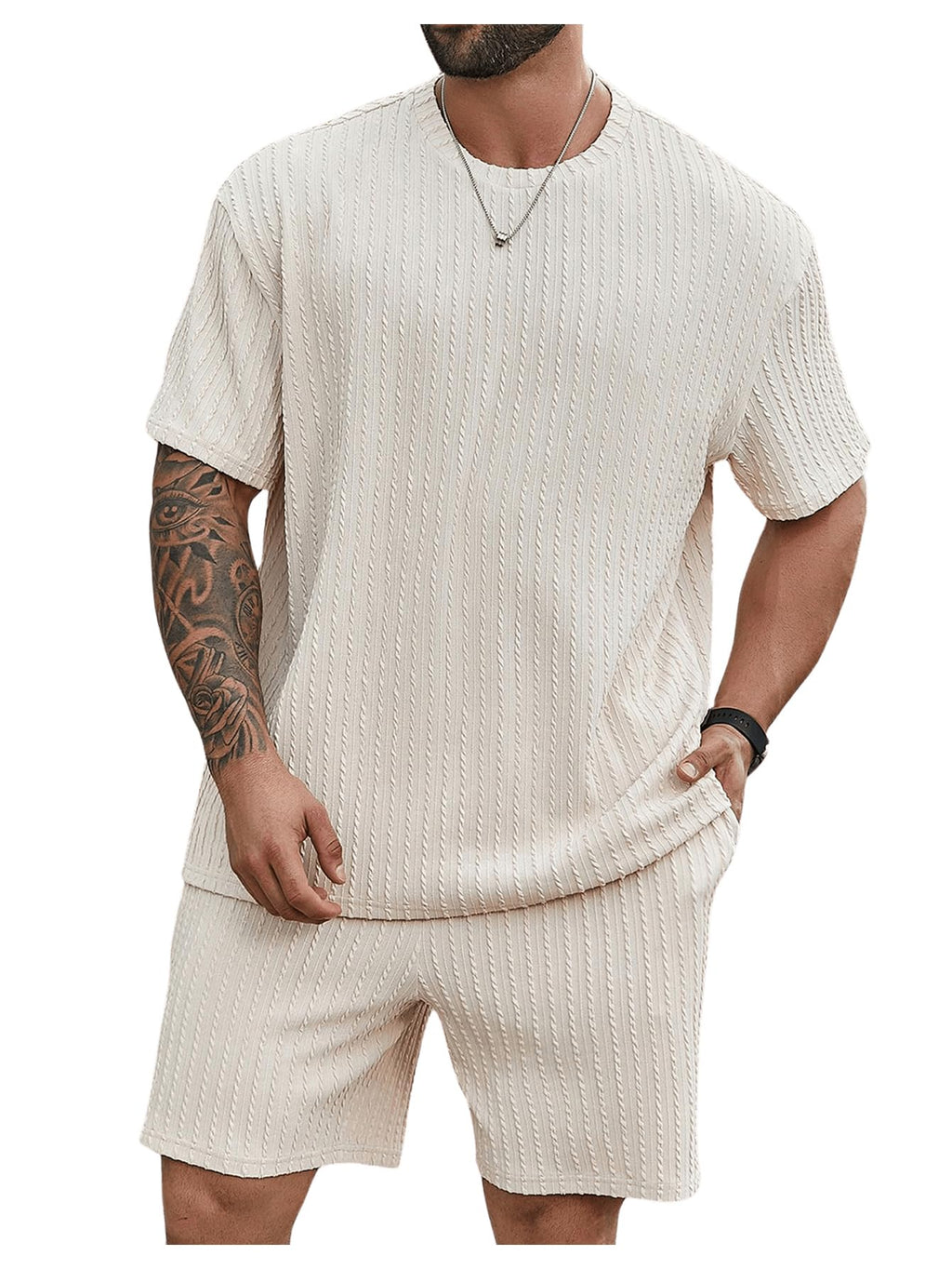 RoseSeek Men's Big and Tall 2 Piece Summer Outfits Textured Drop Shoulder T Shirt and Short Sets Tracksuit