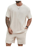 RoseSeek Men's Big and Tall 2 Piece Summer Outfits Textured Drop Shoulder T Shirt and Short Sets Tracksuit
