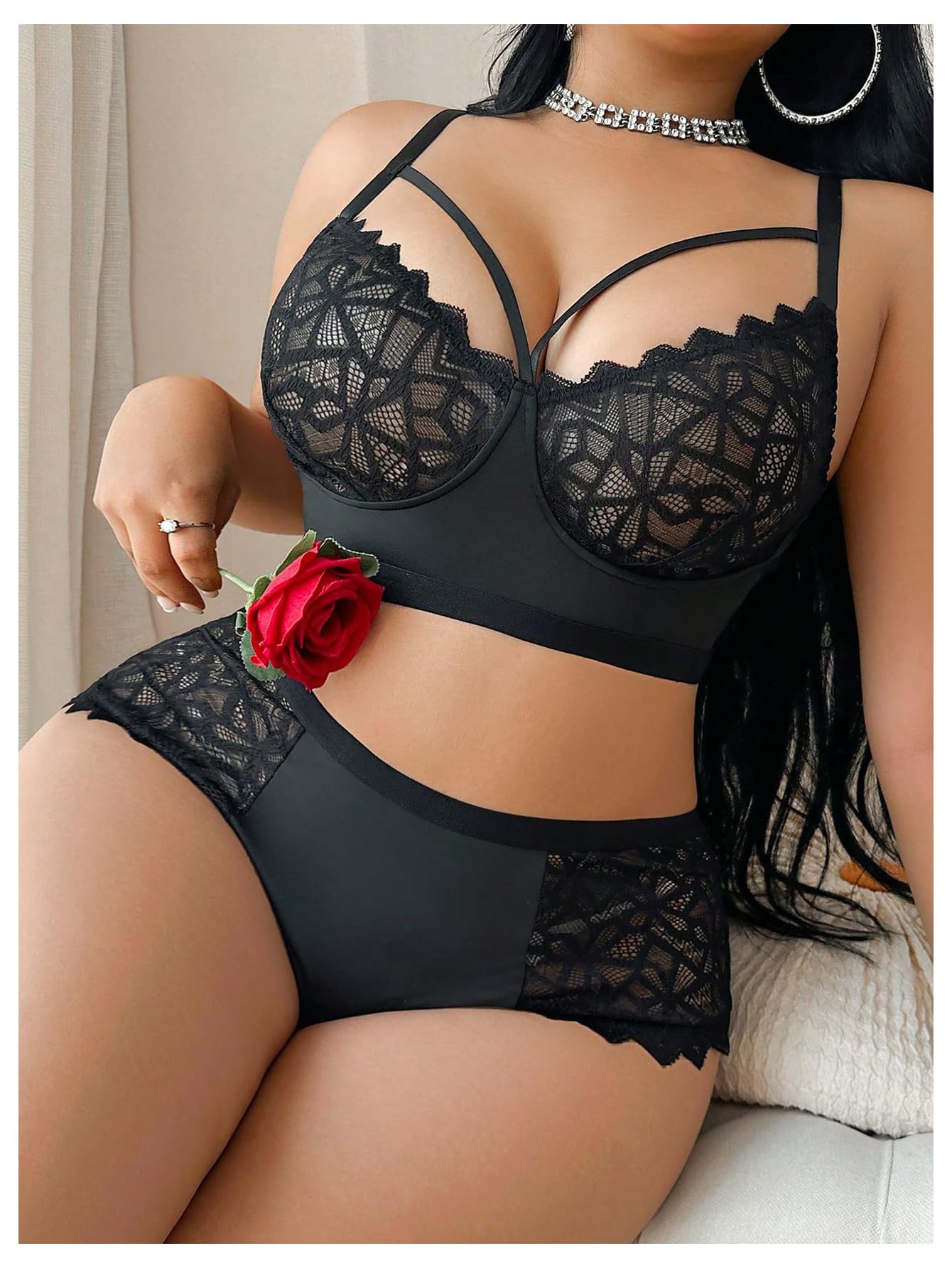 MakeMeChic Women's Plus Size Lingerie Sets Contrast Lace Cut Out Wireless Bra and Panty Set