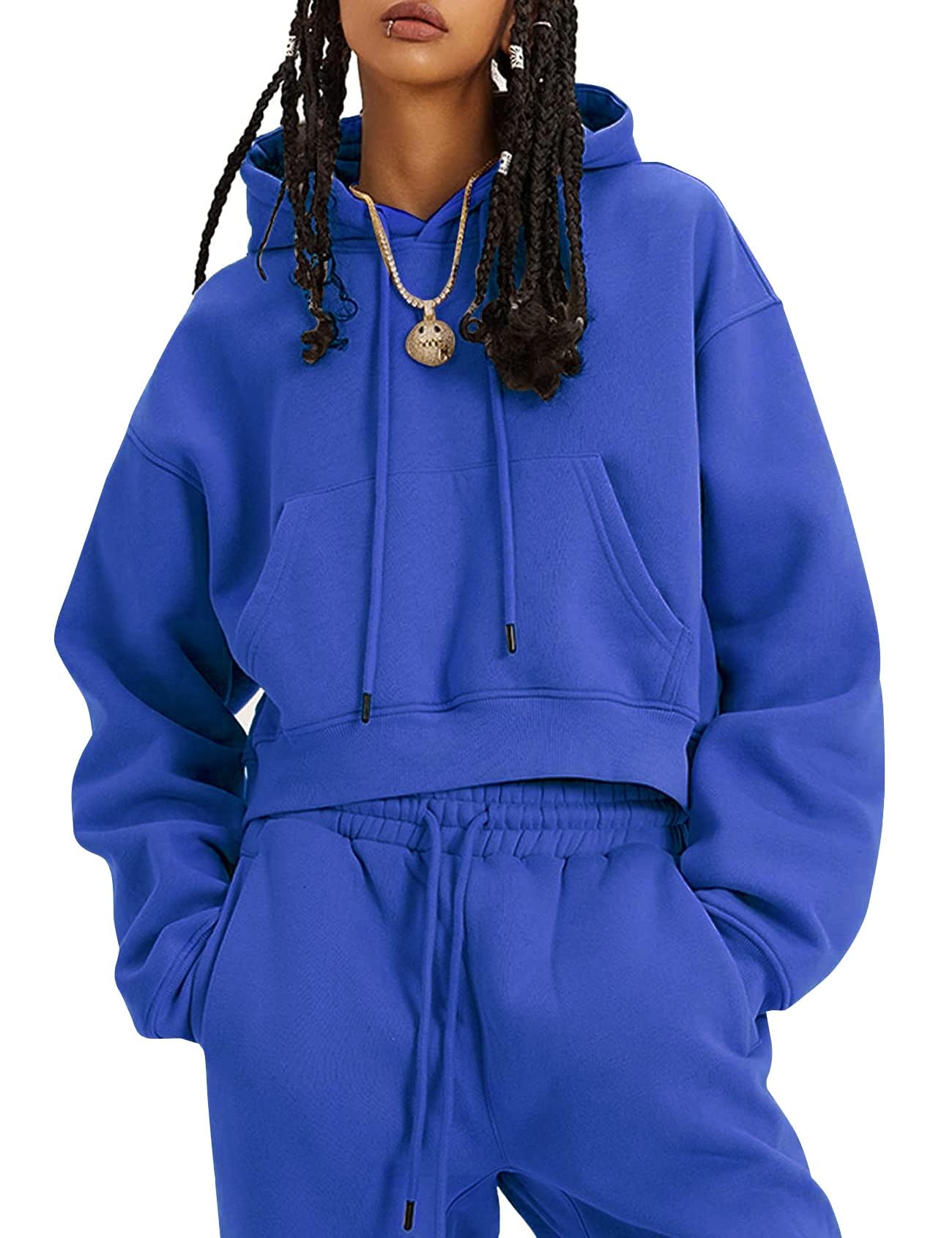 Flygo Womens Fleece 2 Piece Outfits Sweatsuit Crop Pullover Sweatshirt Joggers Pants Tracksuit Set