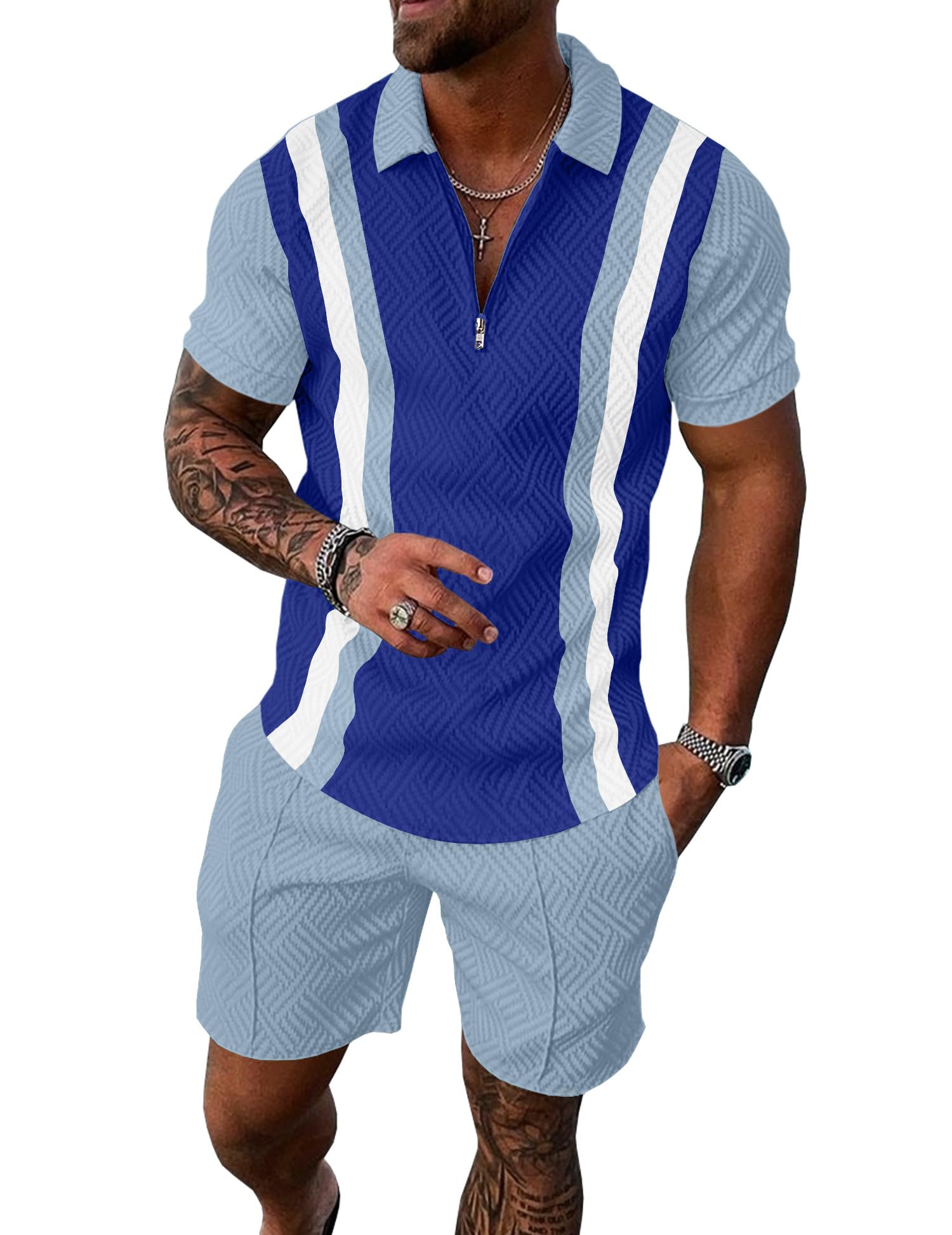 UOUA Mens Summer Track Suits 2 Piece Shorts Sets Short Sleeve Sweatsuit Outfits 1/4 Zip Golf Polo Splicing Striped Shirts