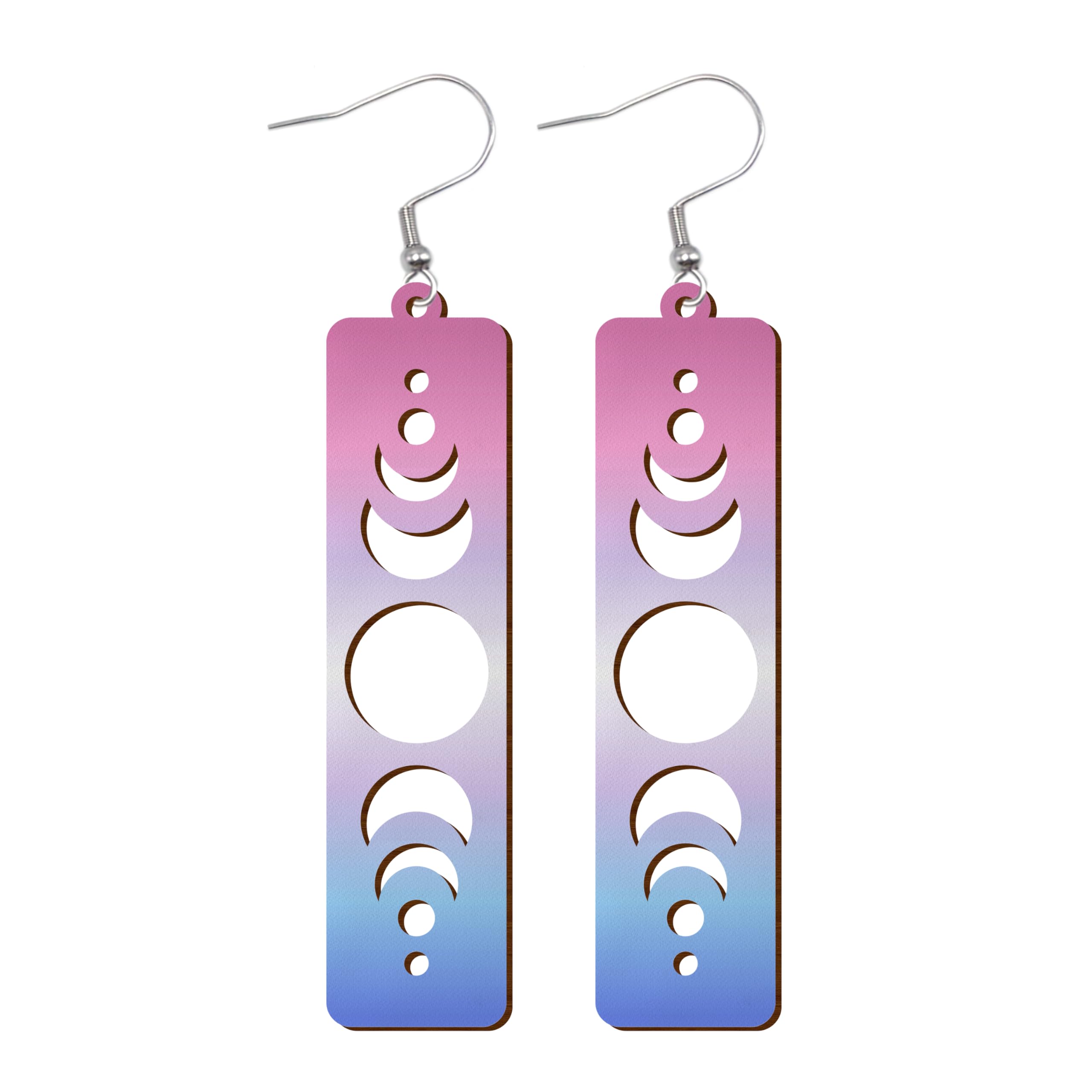 LGBTQIA+ Wooden Moon Phase Earrings, Pride Flag Dangle Earrings for LGBTQ Community, Rainbow Jewelry Gift for Gay, Lesbian, and All Identities