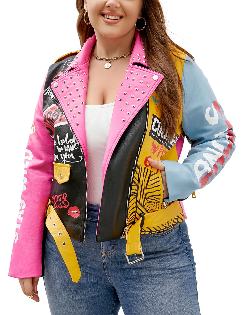 Geschallino Women's Faux Leather Jacket Plus Size Fall Motorcycle Biker Clothes Outfits Short Fashion PU Coat (1X-5X)