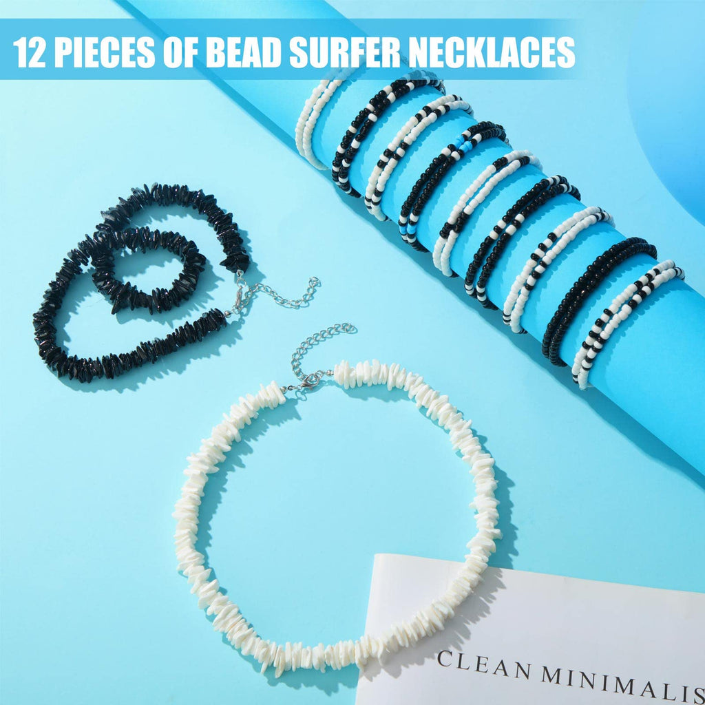 Yinkin 12 Pcs Puka Shell Necklace Bulk for Men Women Beach Surfer Beaded Necklace Summer Surfer Chokers Jewelry