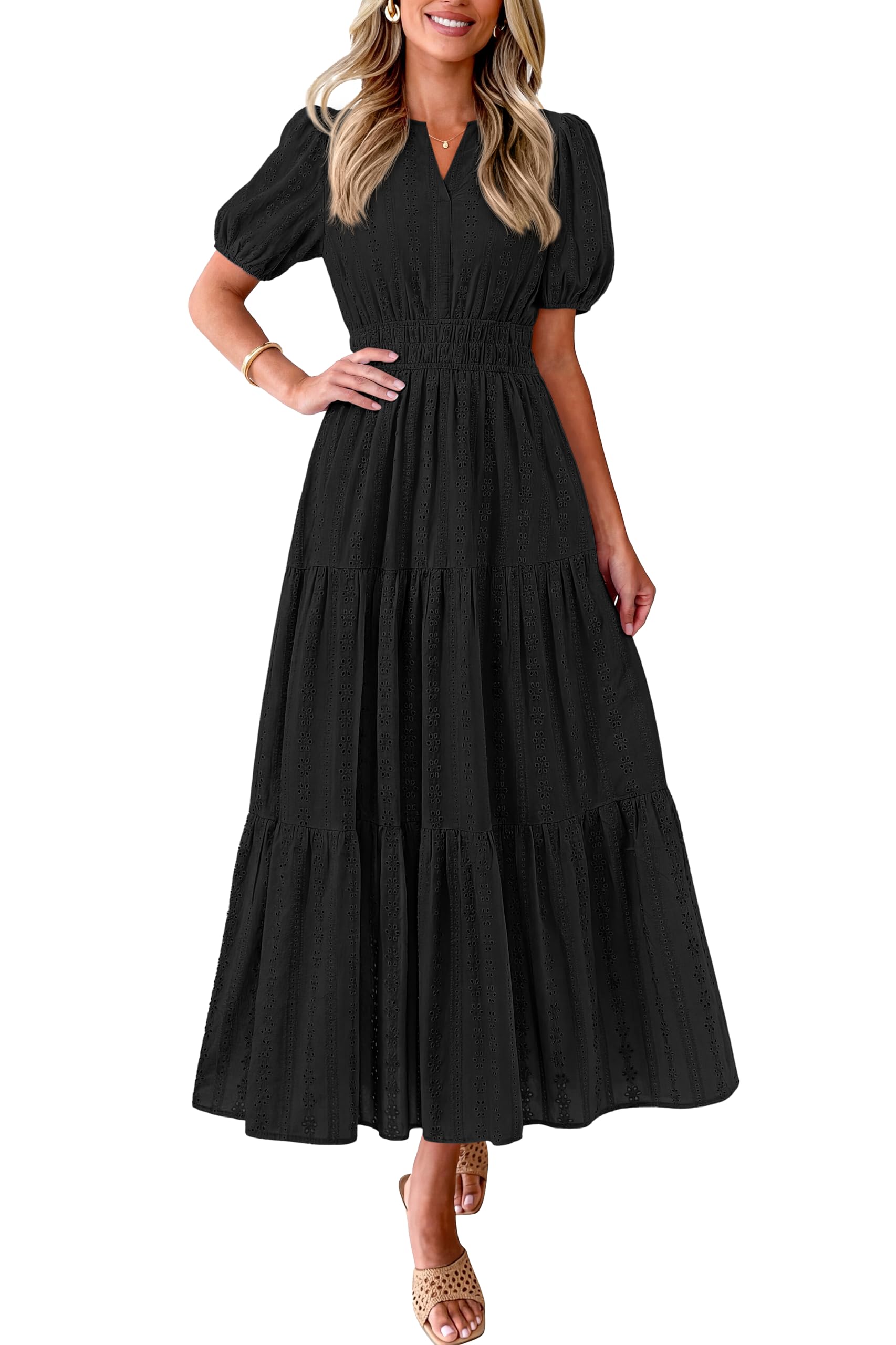 PRETTYGARDEN Womens Summer Maxi Dresses 2026 Casual Puff Sleeve V Neck Smocked Flowy Eyelet Cotton Dress Spring Sundress