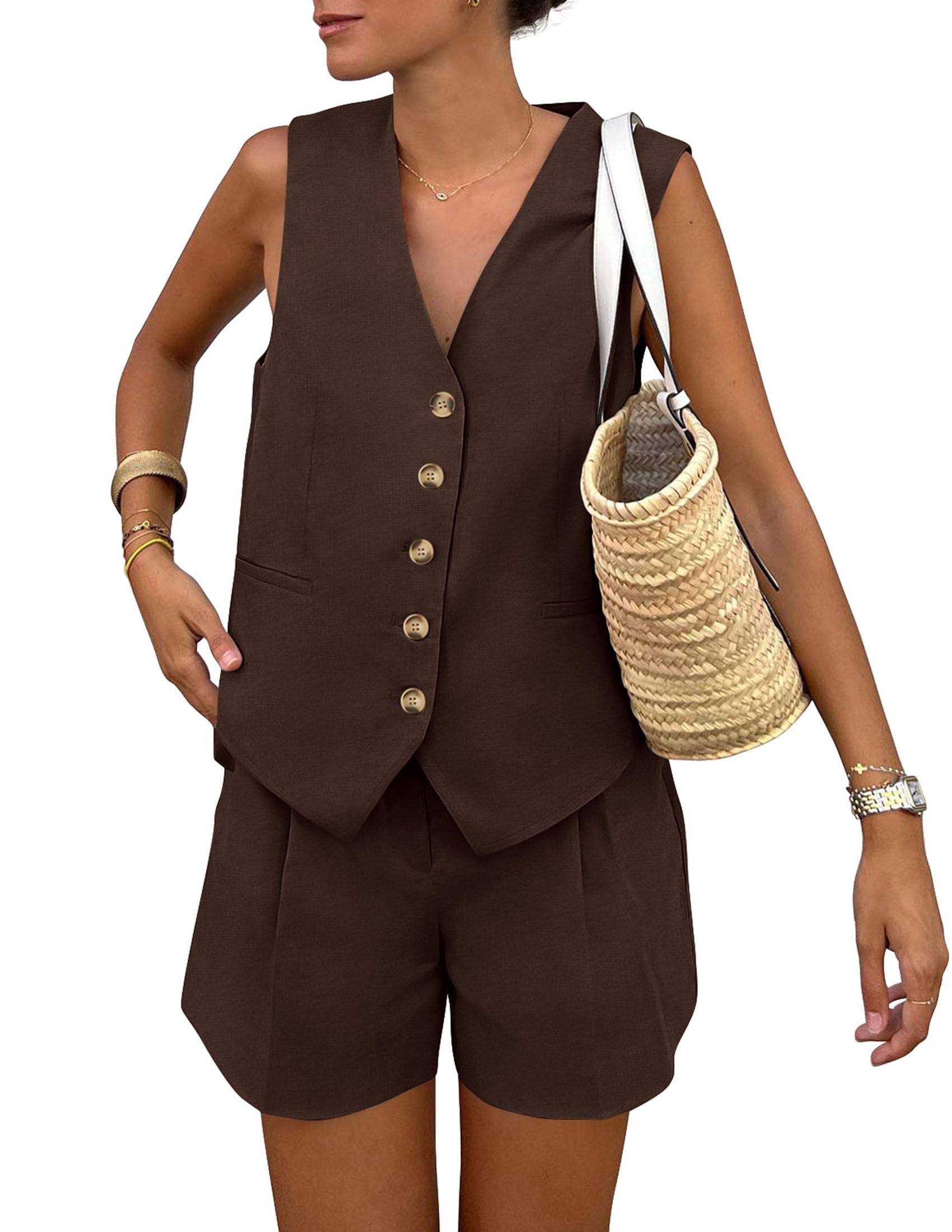 PRETTYGARDEN Women's Summer 2 Piece Outfits Sleeveless Matching Sets Button Down V Neck Vest Waistcoat and Pockets Shorts