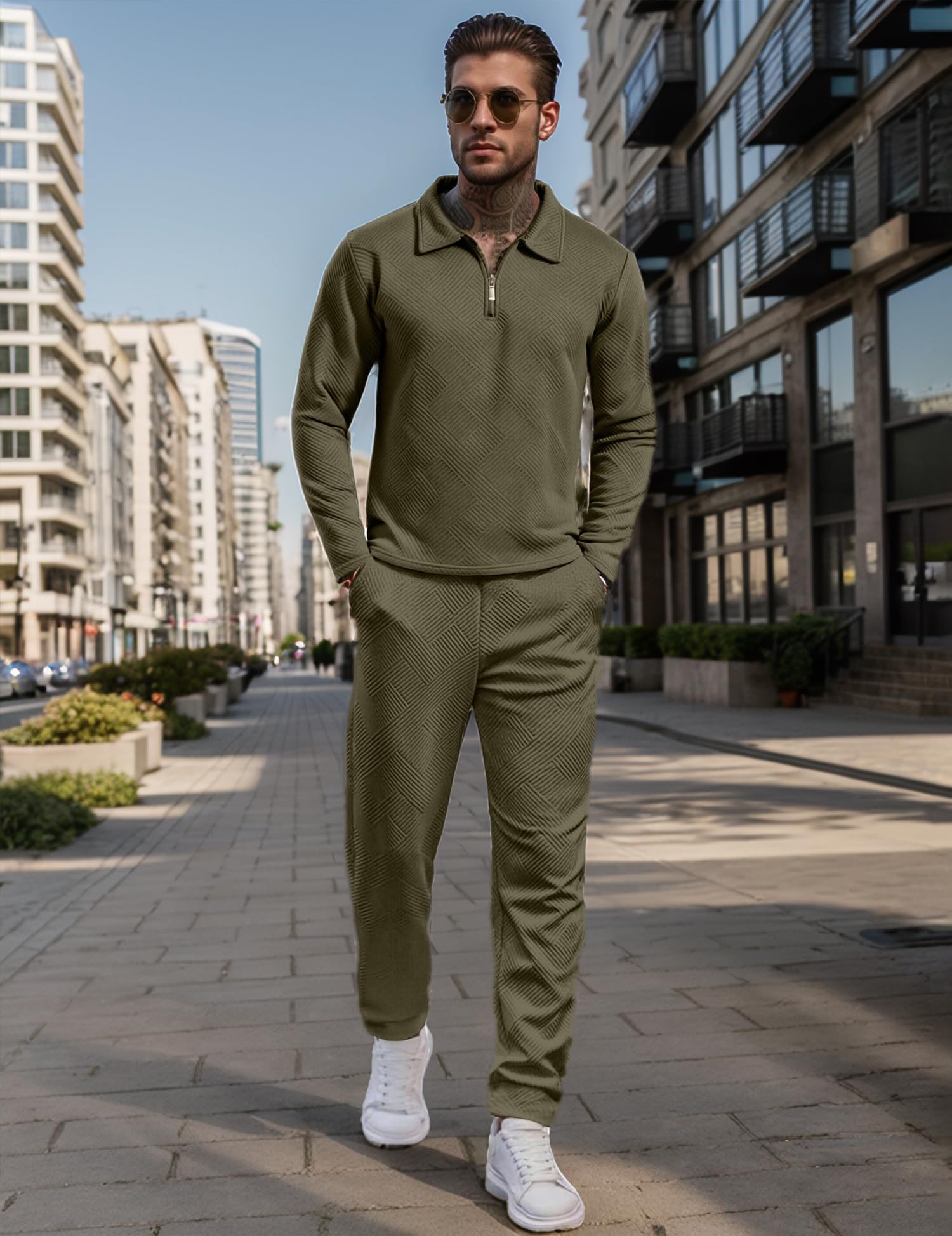 UOUA Mens 2 Piece Set Casual Outfits Polo Long Sleeve Shirt & Pants Tracksuit Loungewear Athletic Jogger Sweatsuit
