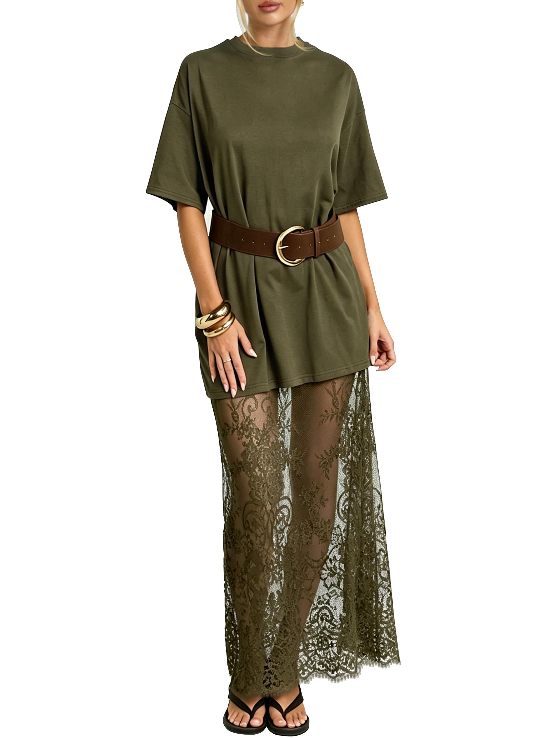 miduo Womens Summer Short Sleeve Crewneck Lace Patchwork Maxi Dress Casual Long Dresses