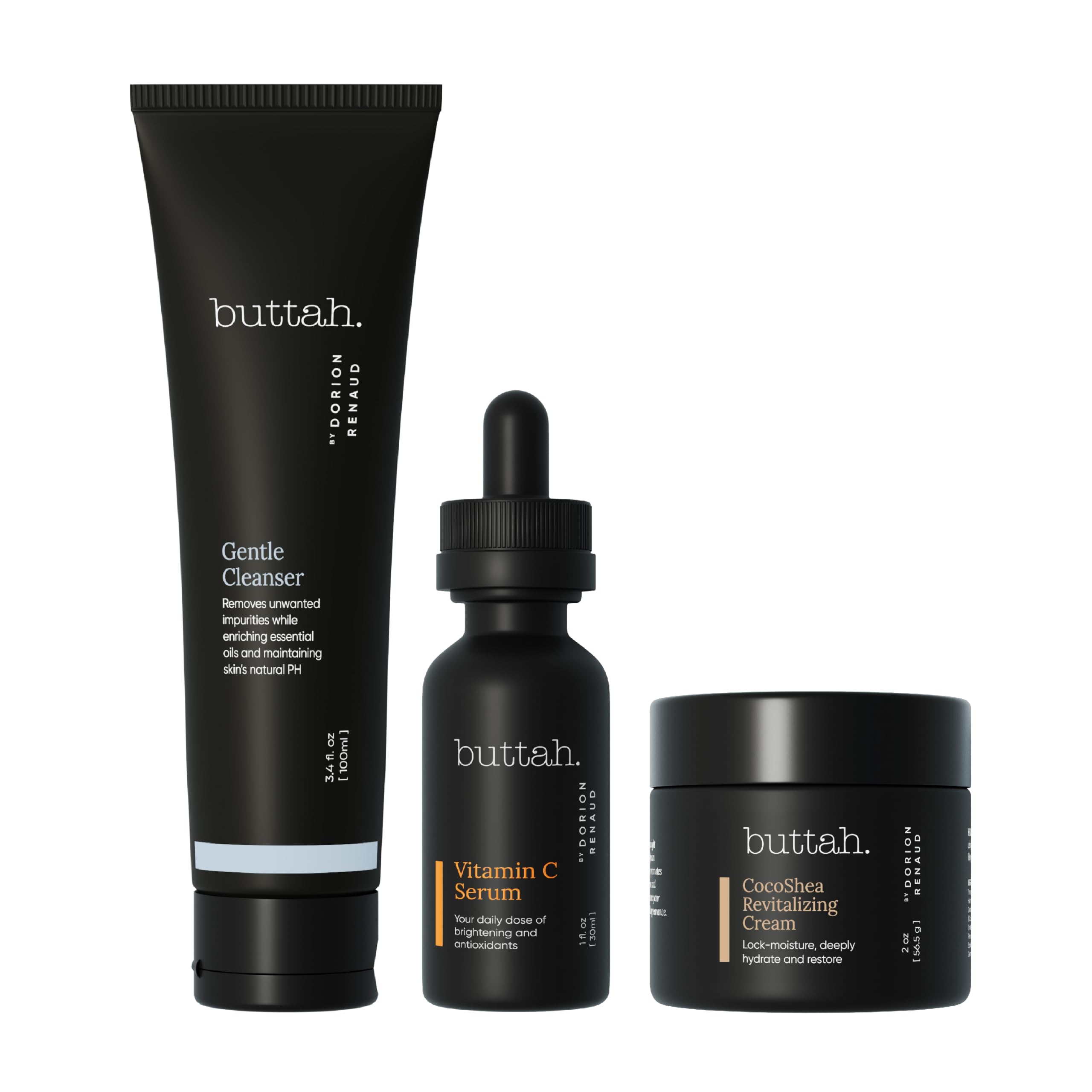 Buttah Transforming Kit for Melanin Rich Skin | Moisturizer 2 oz | Vitamin C Serum 1 oz | Cleanser 3.4 oz | Black Owned Skincare