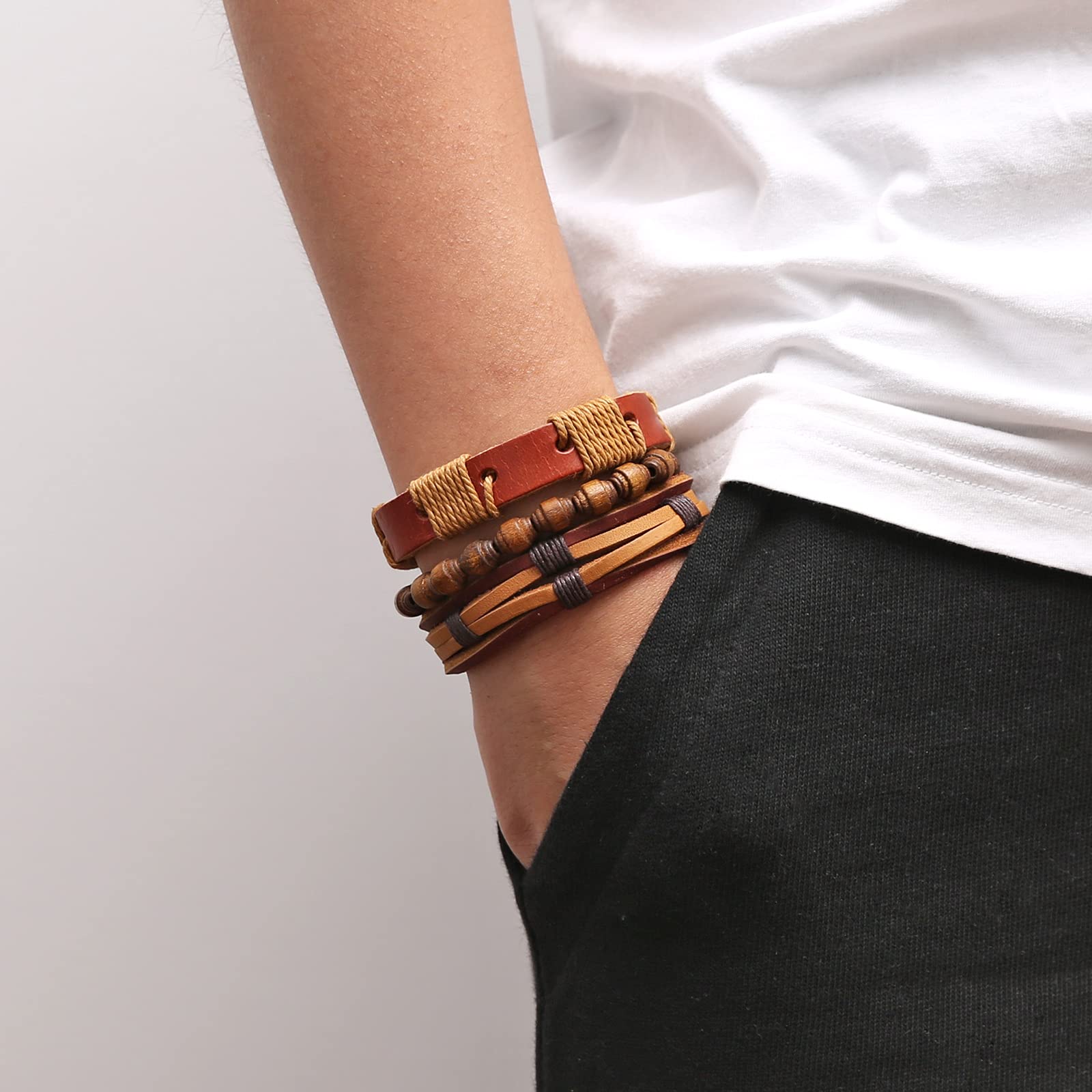 HZMAN Wrap Bracelets Men Women, Hemp Cords Wood Beads Ethnic Tribal Bracelets, Leather Wristbands